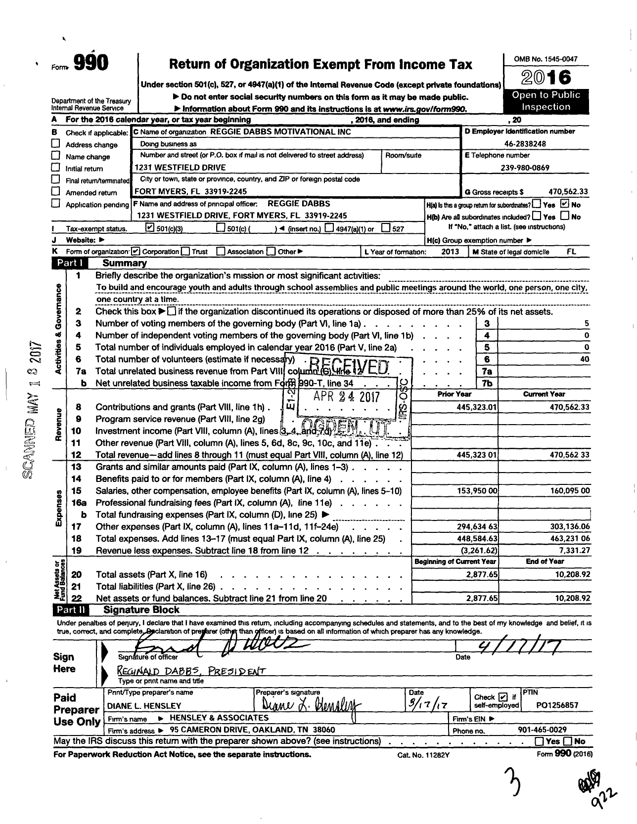 Image of first page of 2016 Form 990 for Reggie Dabbs Motivational