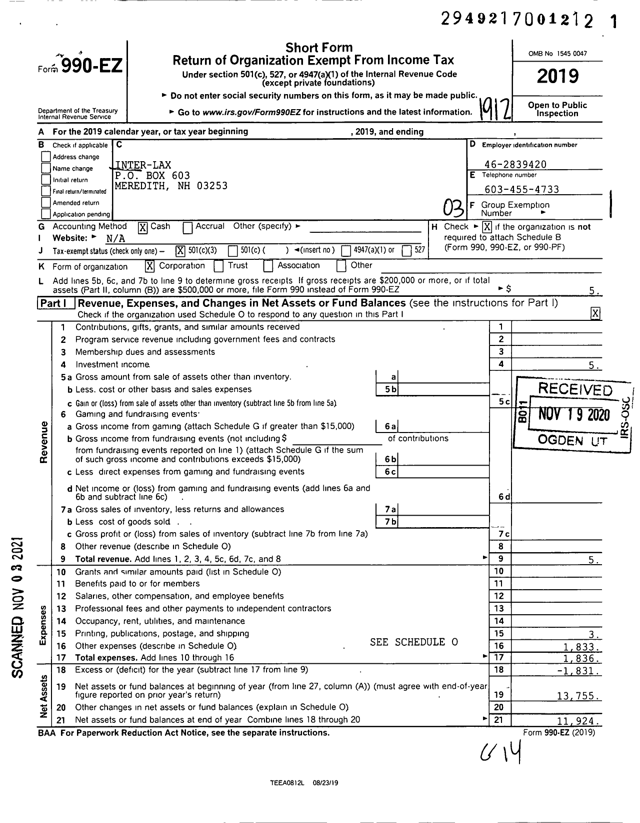 Image of first page of 2019 Form 990EZ for Inter-Lax