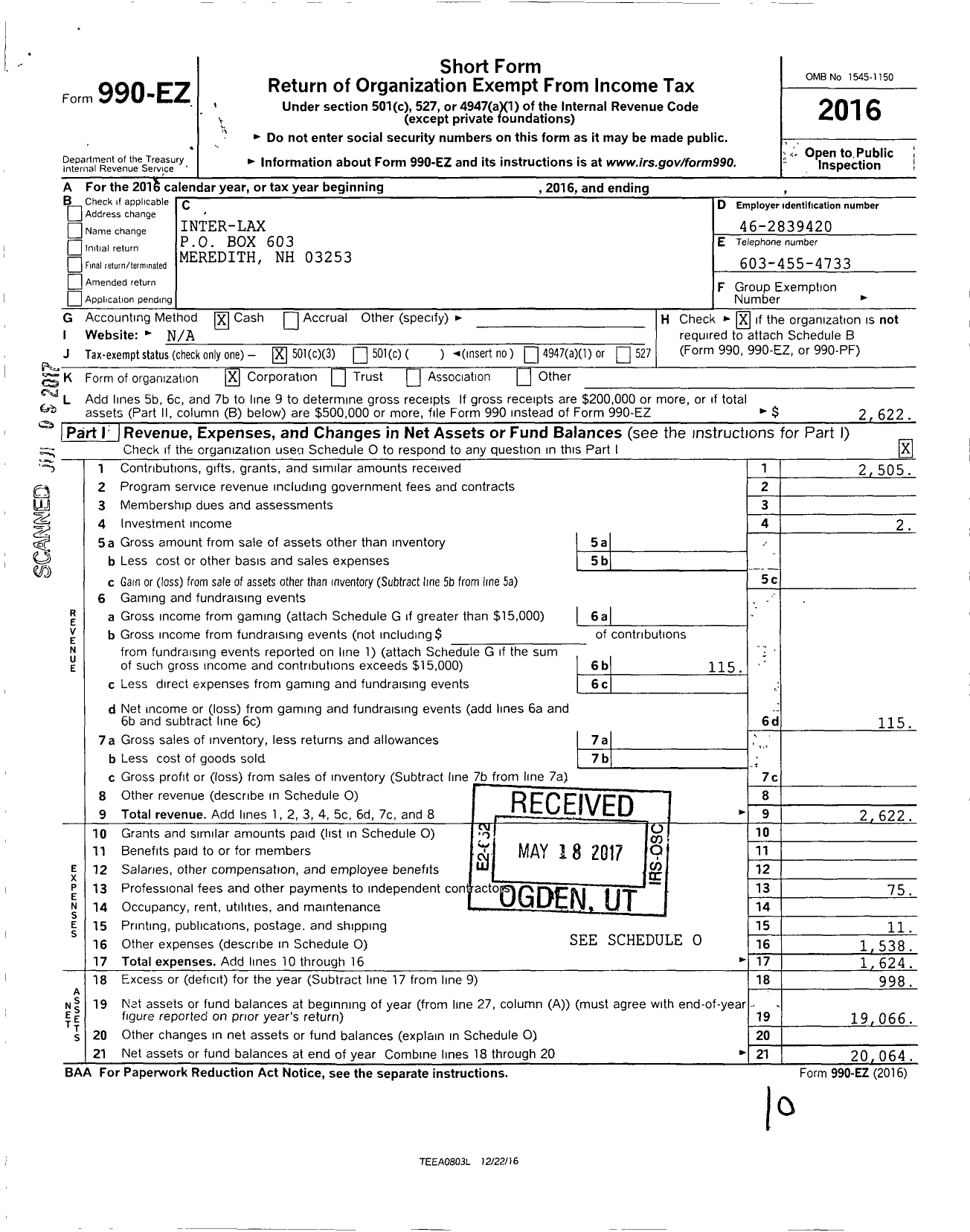 Image of first page of 2016 Form 990EZ for Inter-Lax