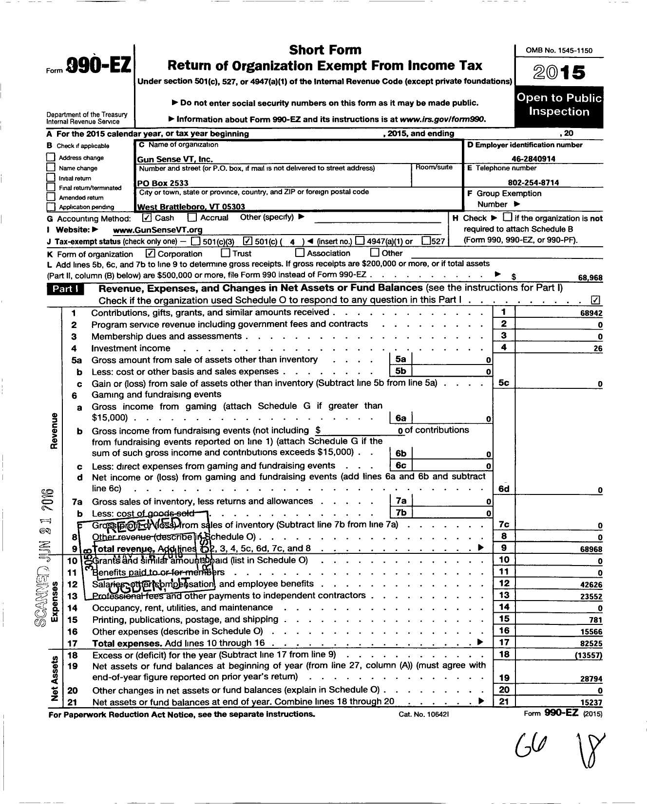 Image of first page of 2015 Form 990EO for GunSenseVT