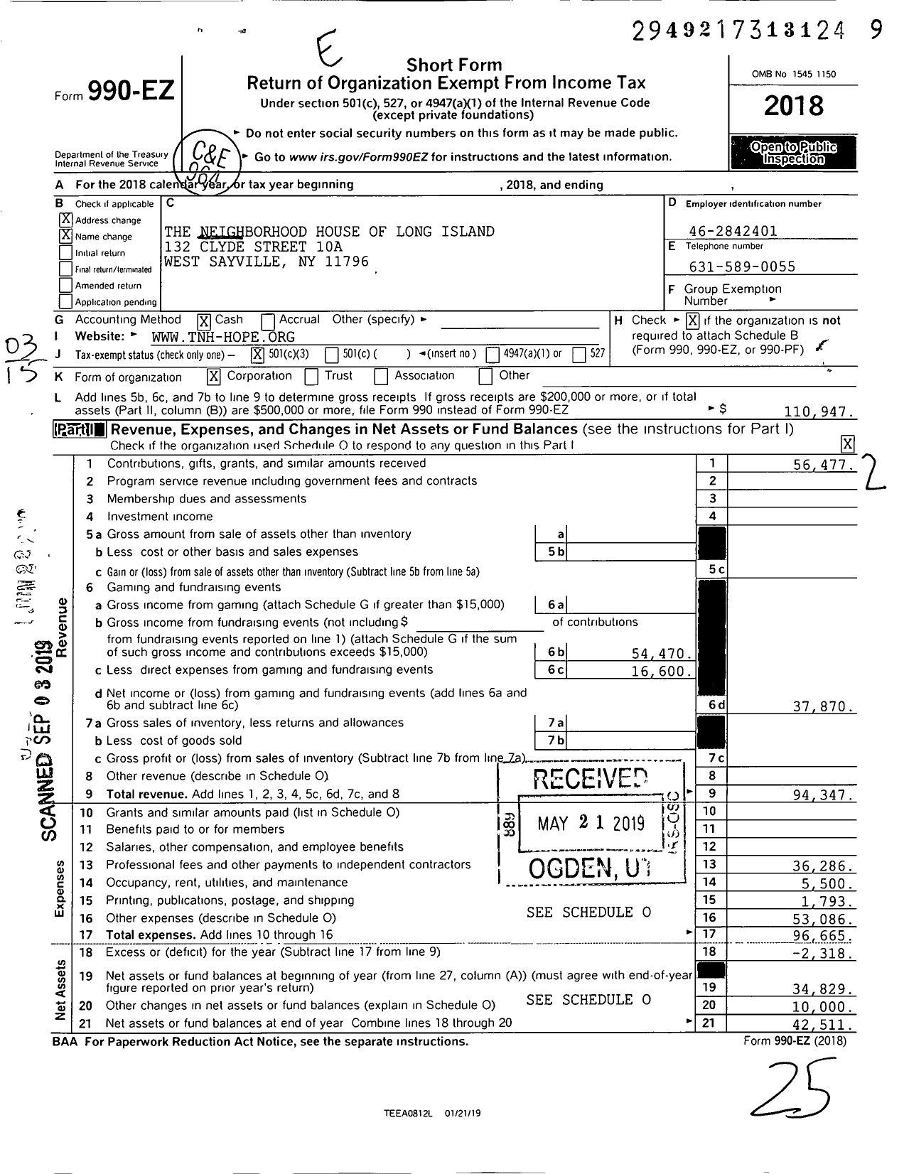 Image of first page of 2018 Form 990EZ for The Neighborhood House of Long Island