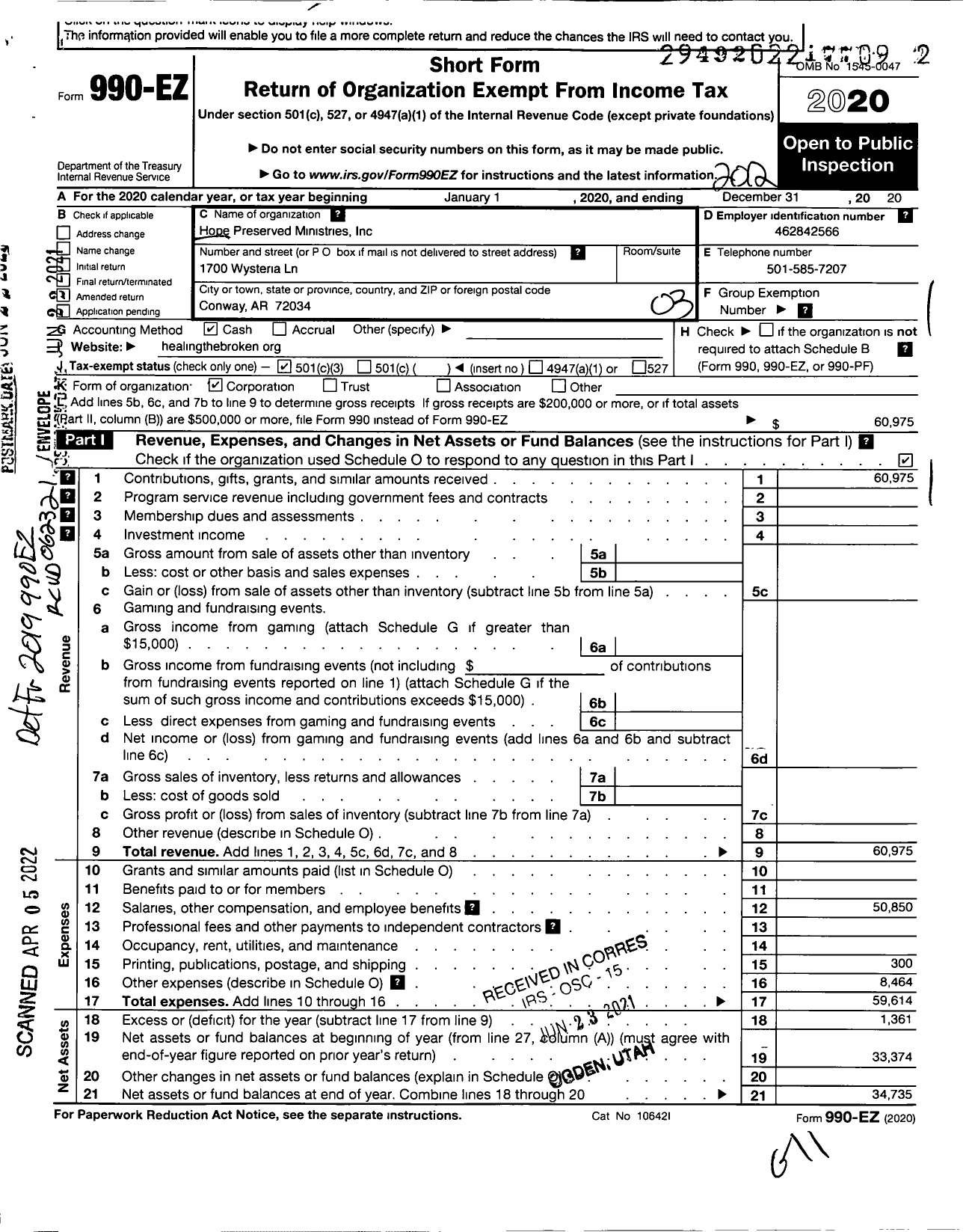 Image of first page of 2020 Form 990EZ for Hope Preserved Ministries