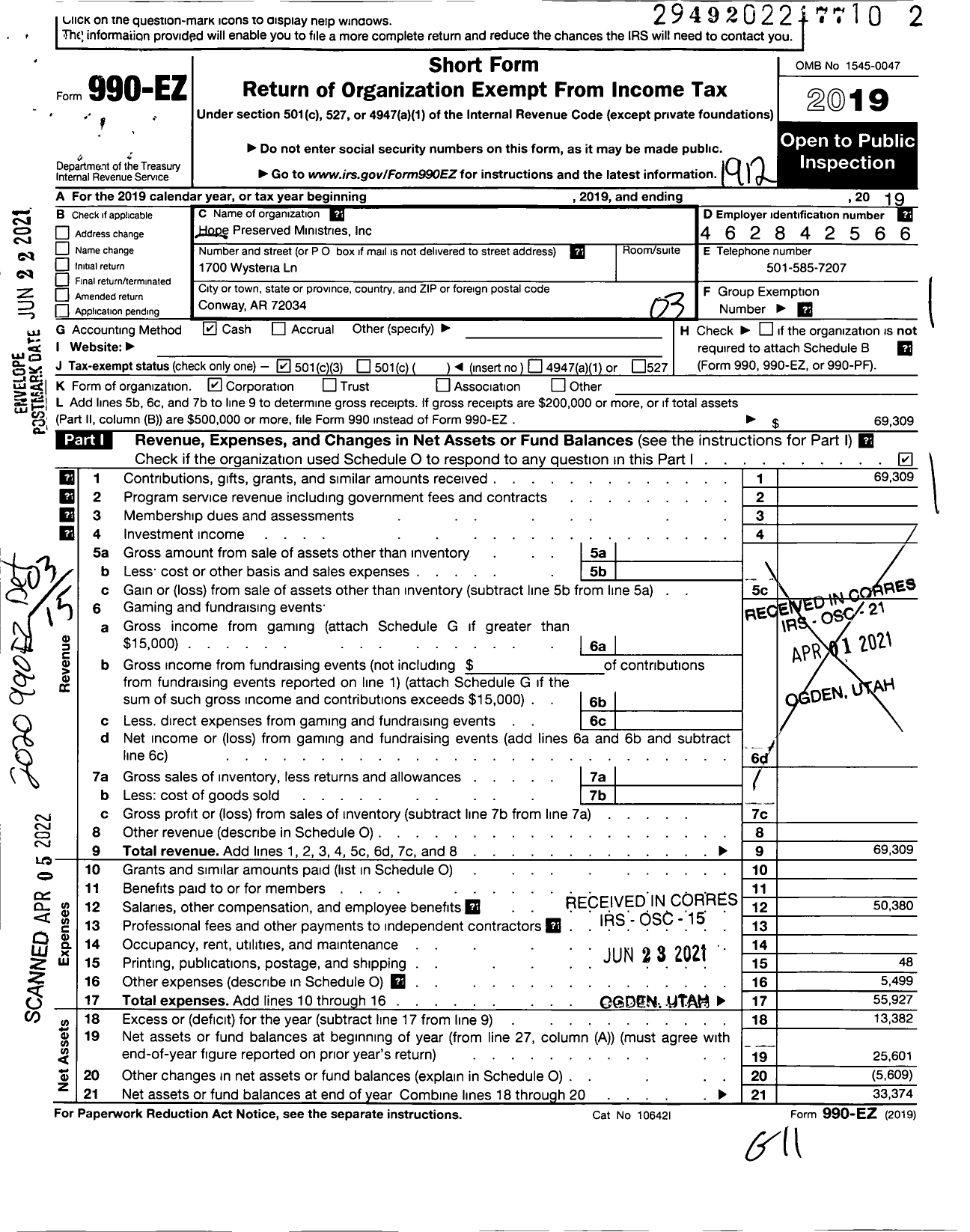 Image of first page of 2019 Form 990EZ for Hope Preserved Ministries