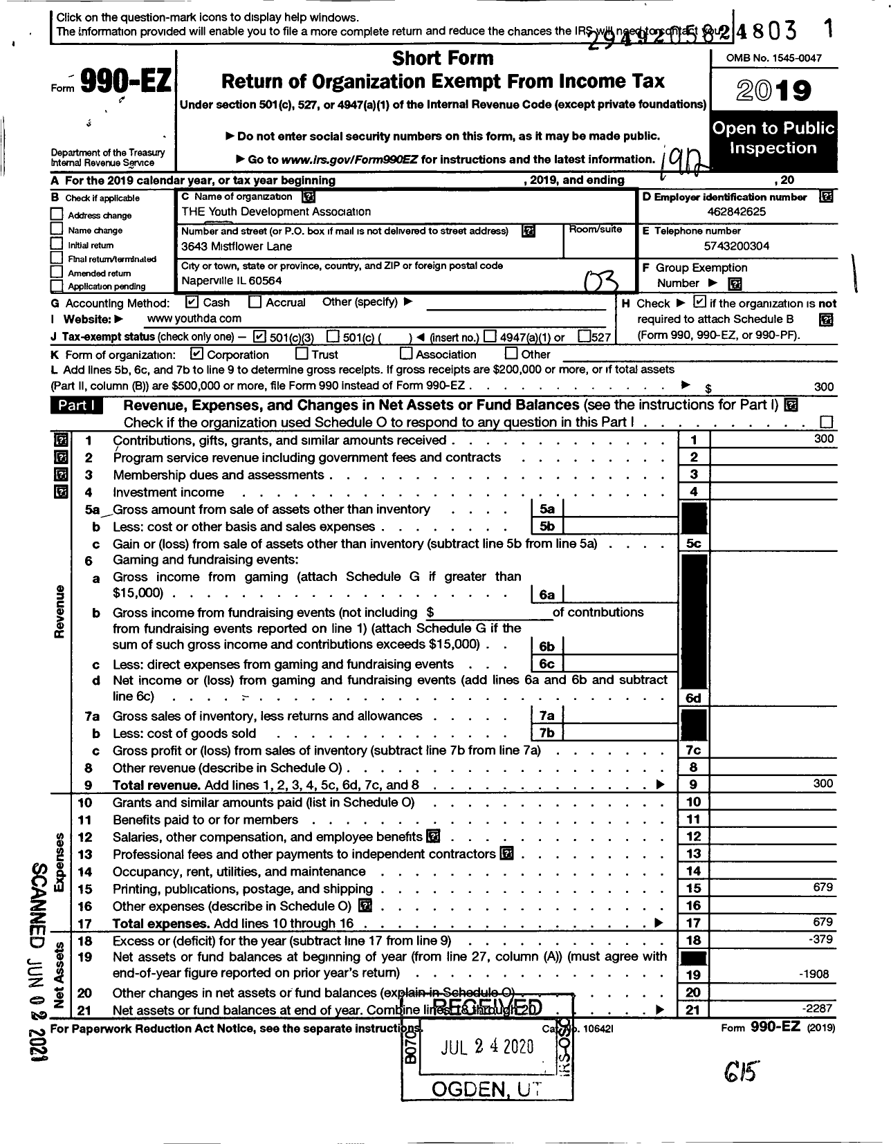 Image of first page of 2019 Form 990EZ for T H E Youth Development Association