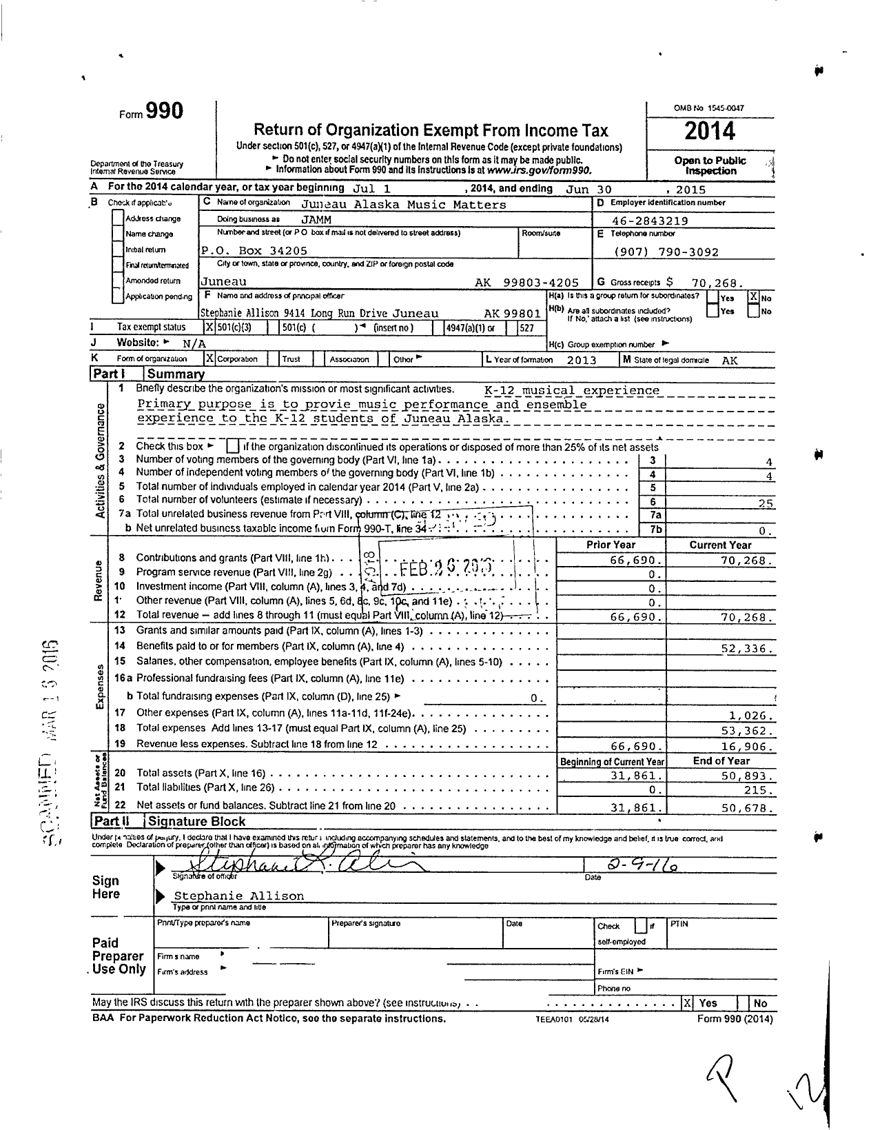 Image of first page of 2014 Form 990 for Juneau Alaska Music Matters (JAMM)