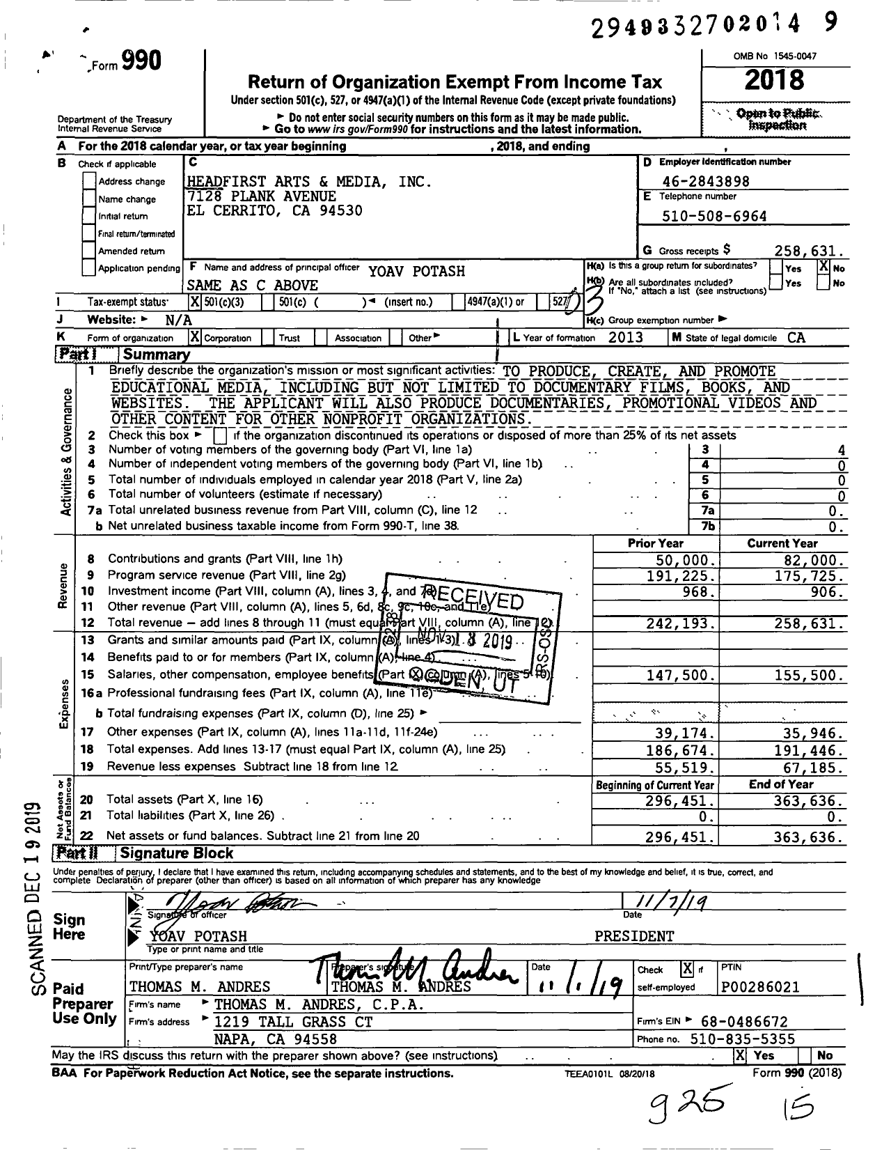 Image of first page of 2018 Form 990 for Headfirst Arts and Media