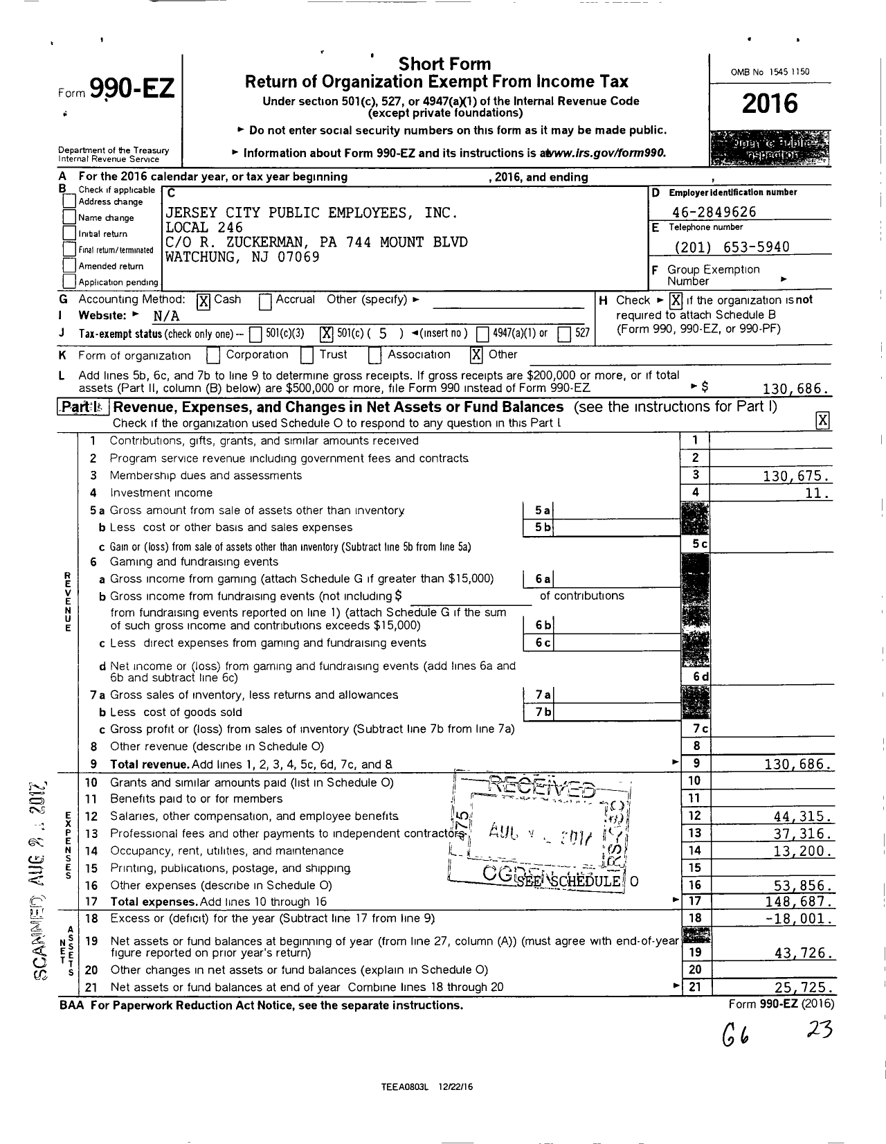 Image of first page of 2016 Form 990EO for Jersey City Public Employees Local 246