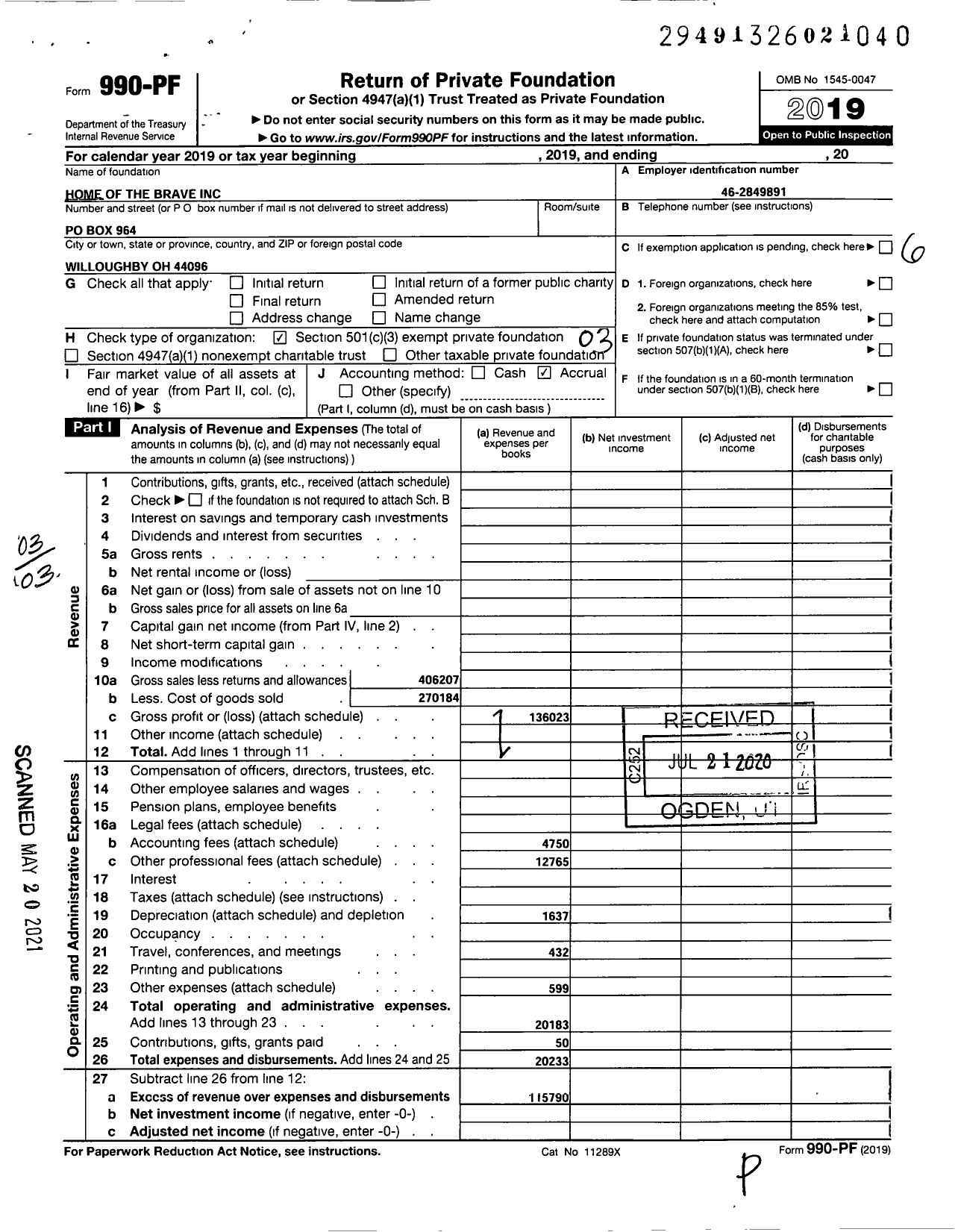 Image of first page of 2019 Form 990PF for The Veterans and First Responders