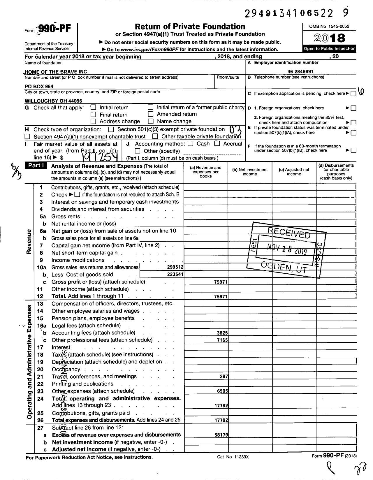 Image of first page of 2018 Form 990PF for The Veterans and First Responders