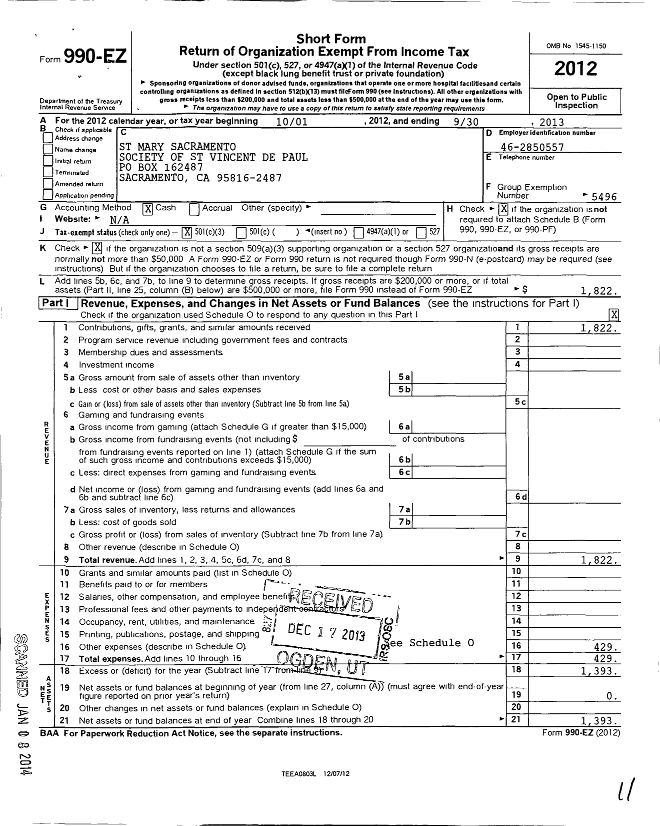 Image of first page of 2012 Form 990EZ for St Mary Sacramento Conference