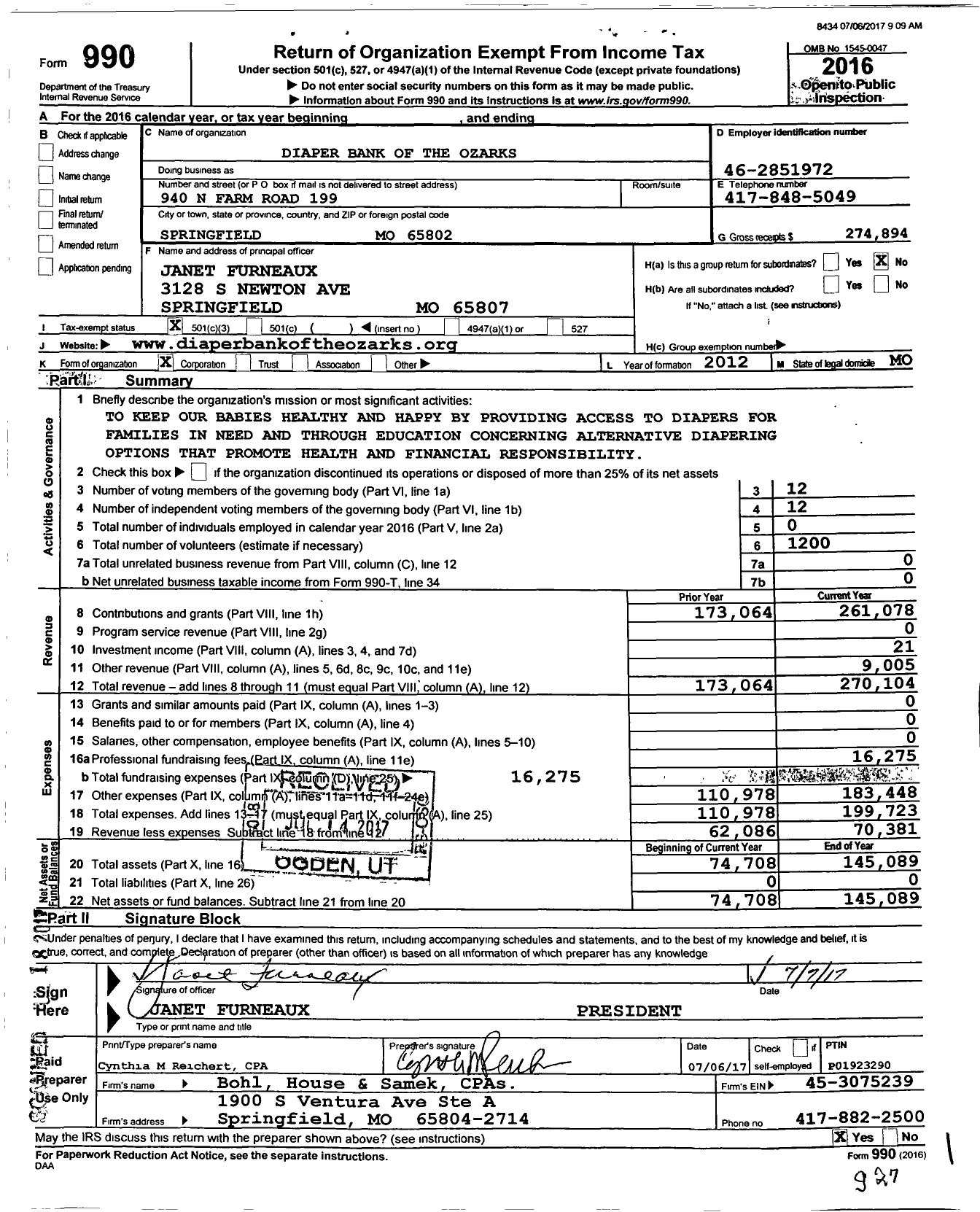 Image of first page of 2016 Form 990 for Diaper Bank of the Ozarks