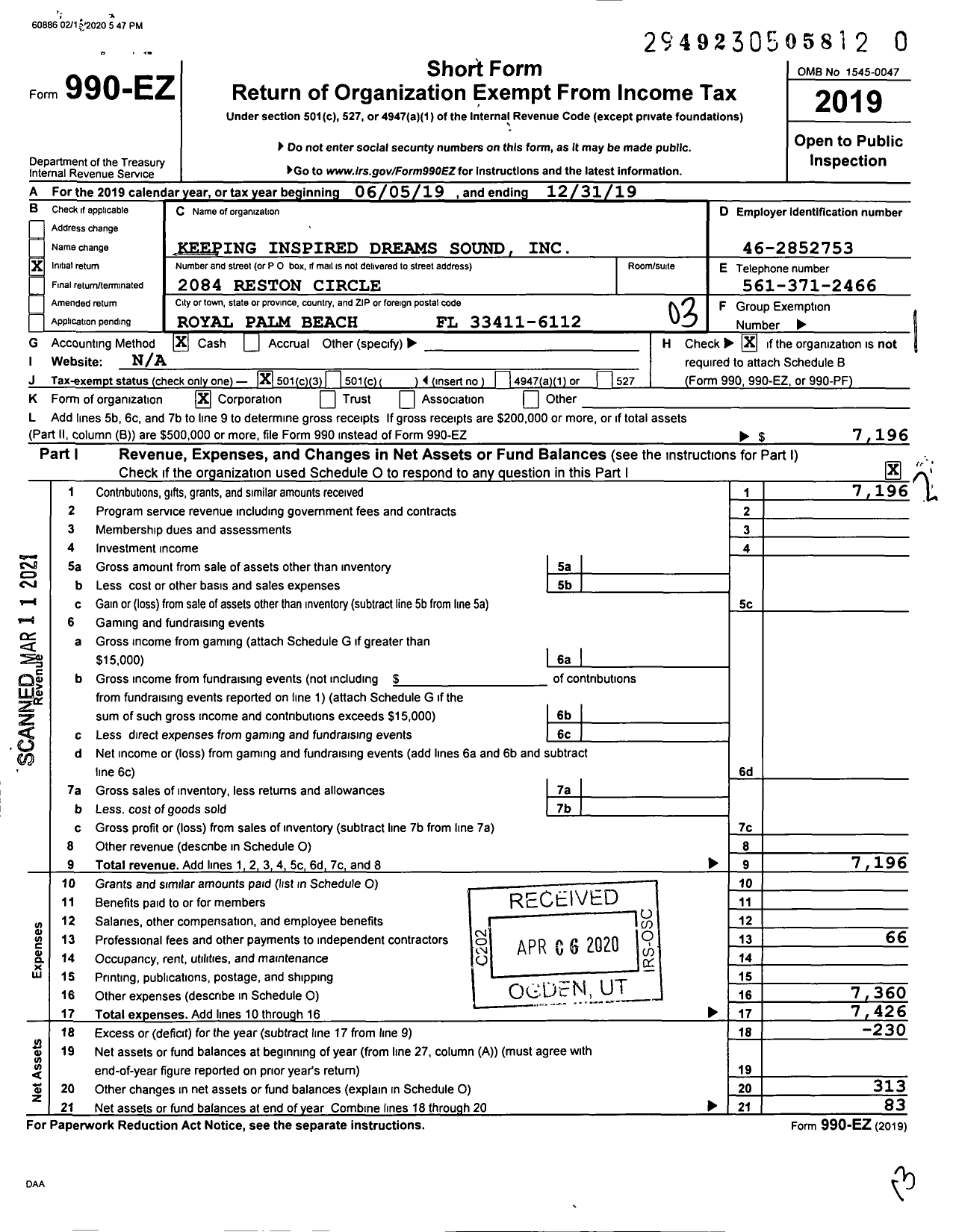 Image of first page of 2019 Form 990EZ for Keeping Inspired Dreams Sound