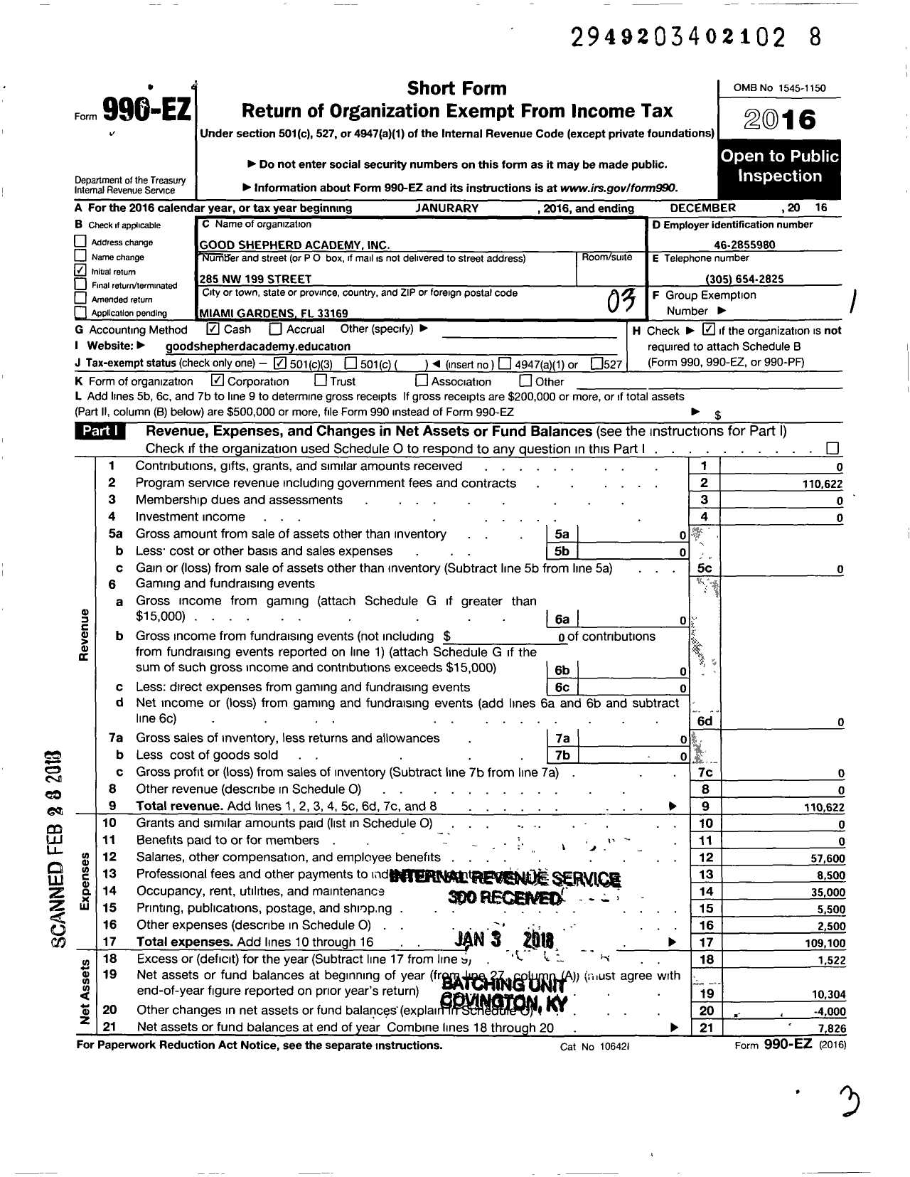 Image of first page of 2016 Form 990EZ for Good Shepard Academy