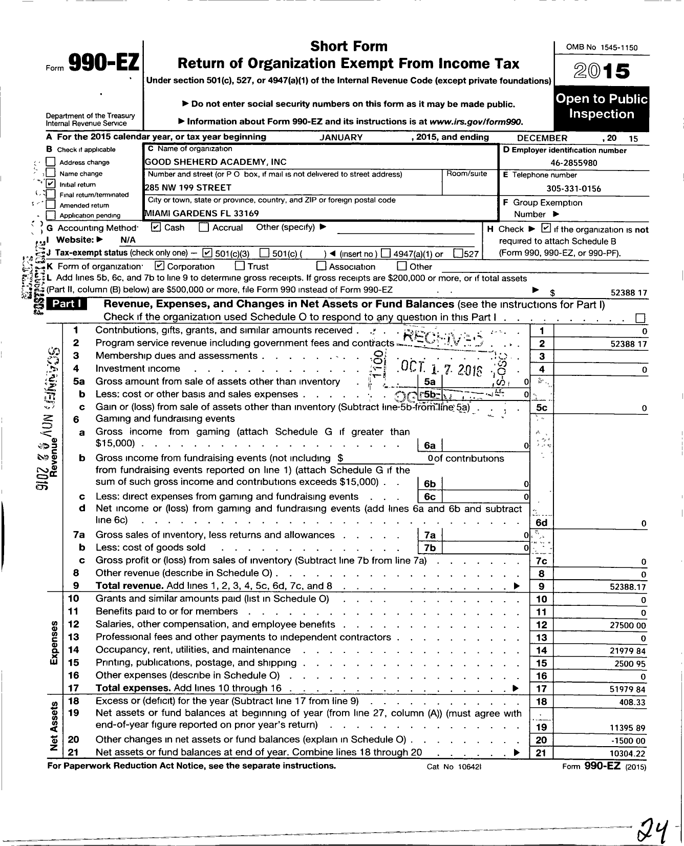 Image of first page of 2015 Form 990EZ for Good Shepard Academy