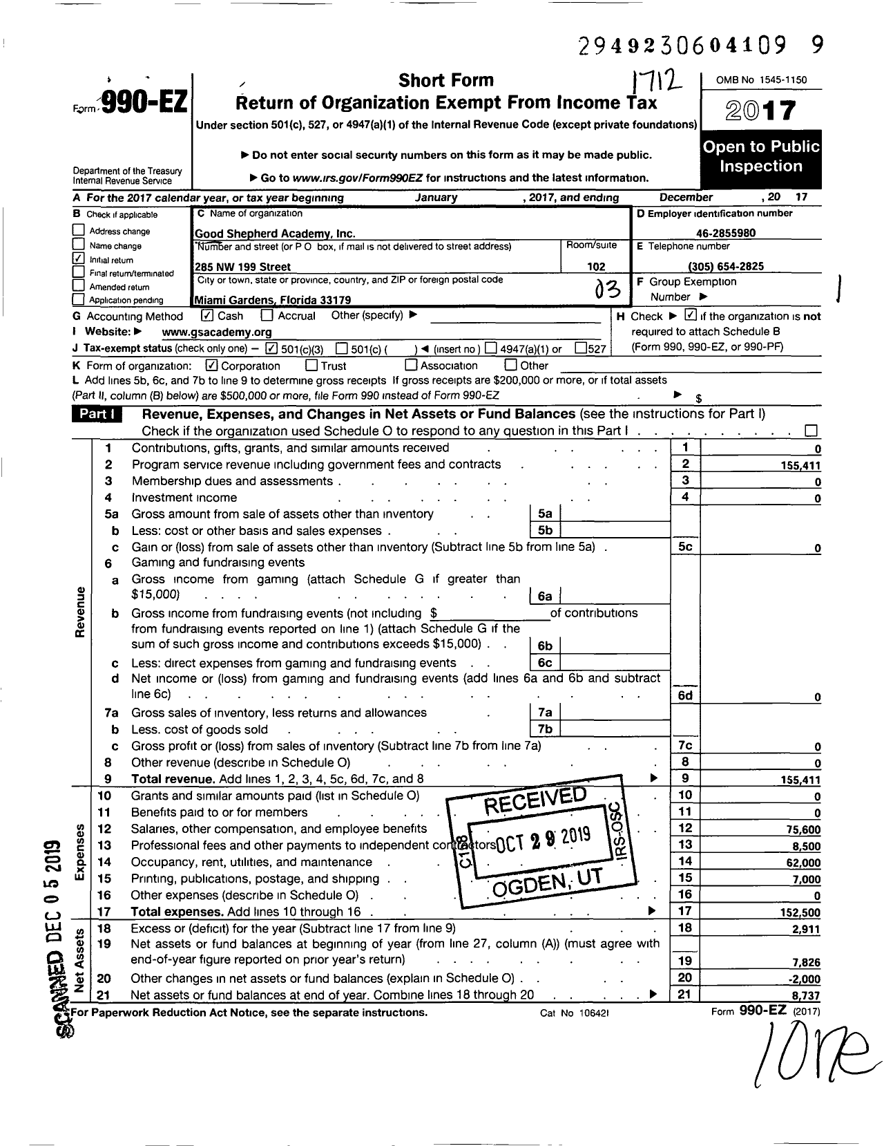 Image of first page of 2017 Form 990EZ for Good Shepard Academy