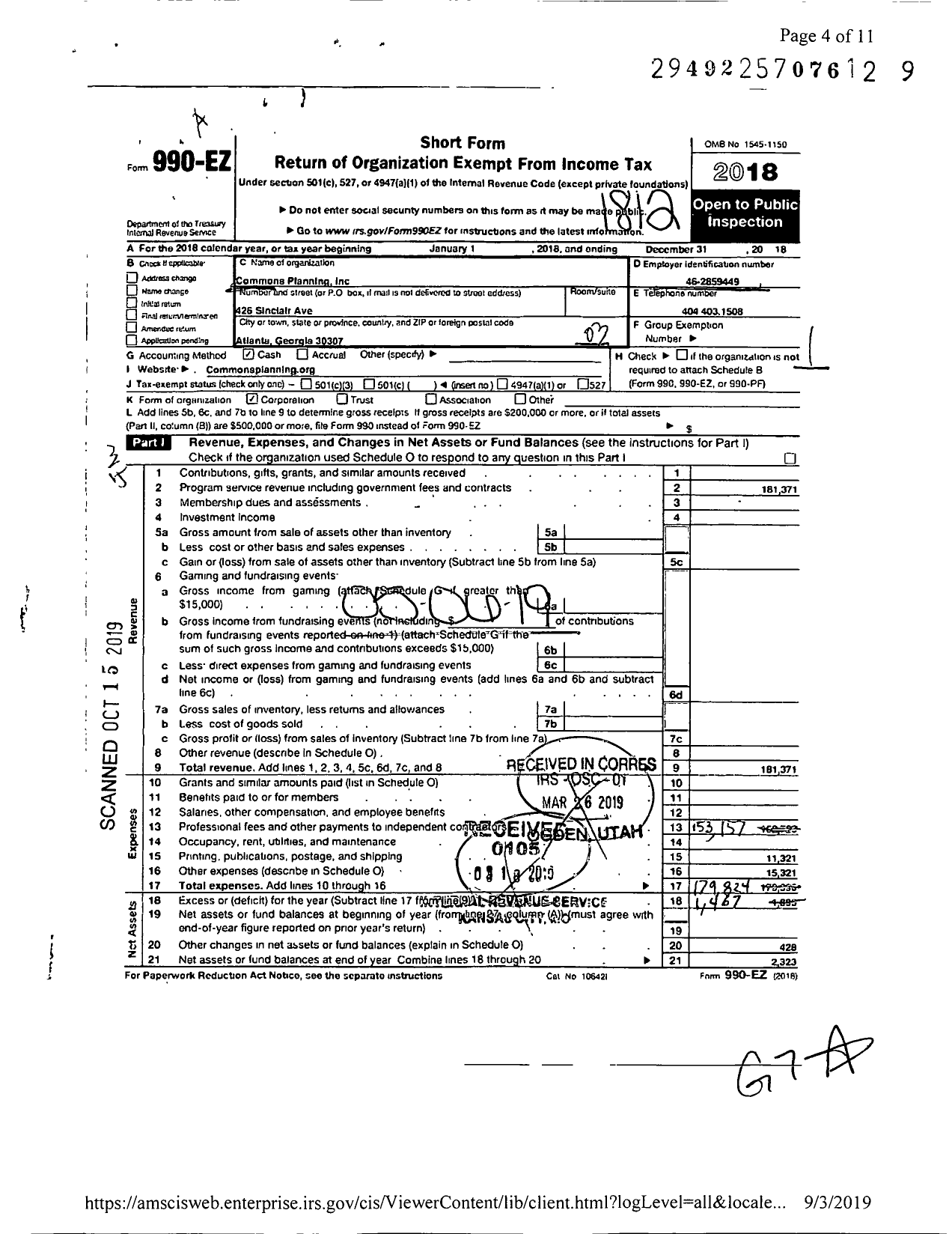 Image of first page of 2018 Form 990EZ for Commons Planning