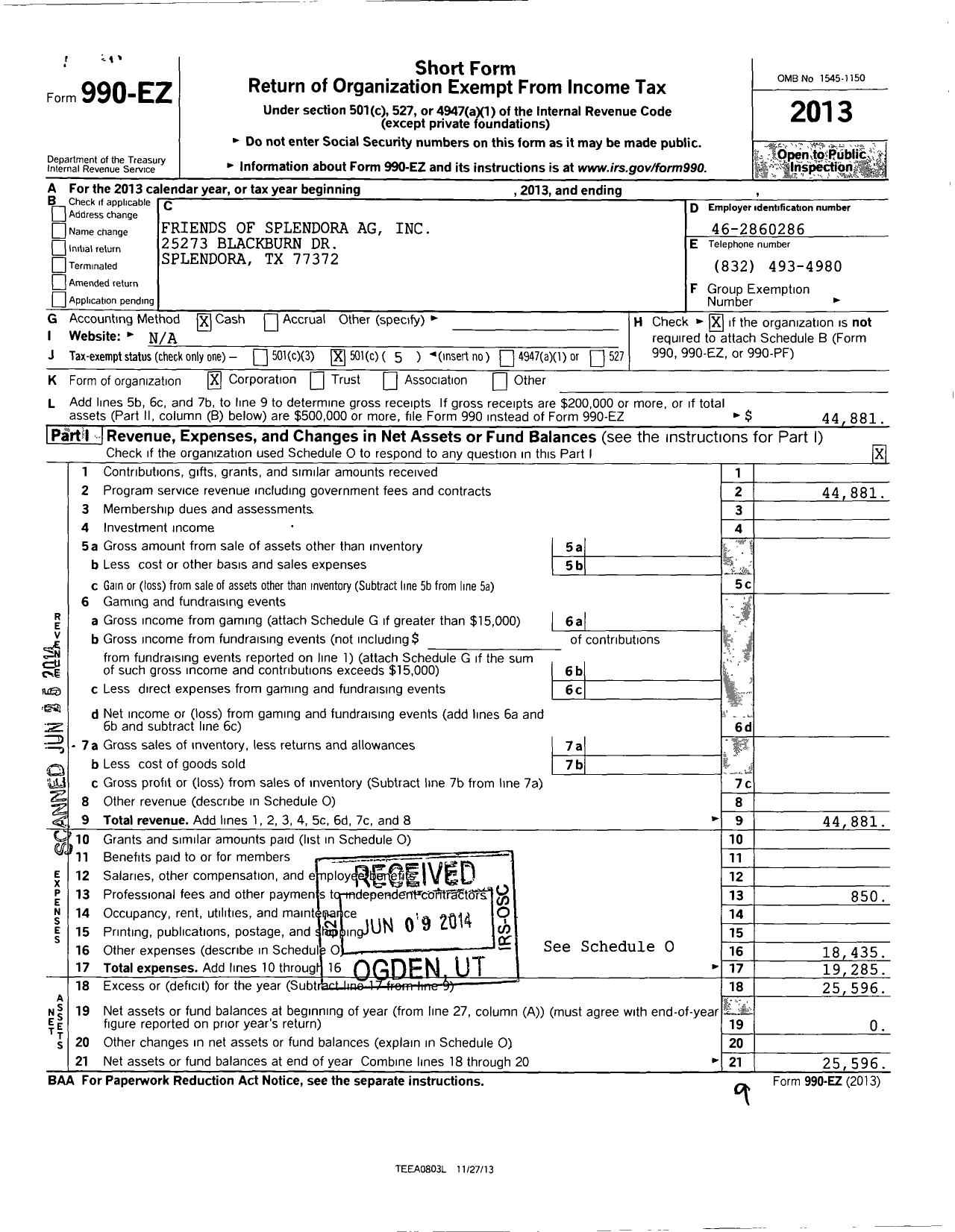 Image of first page of 2013 Form 990EO for Friends of Splendora Ag