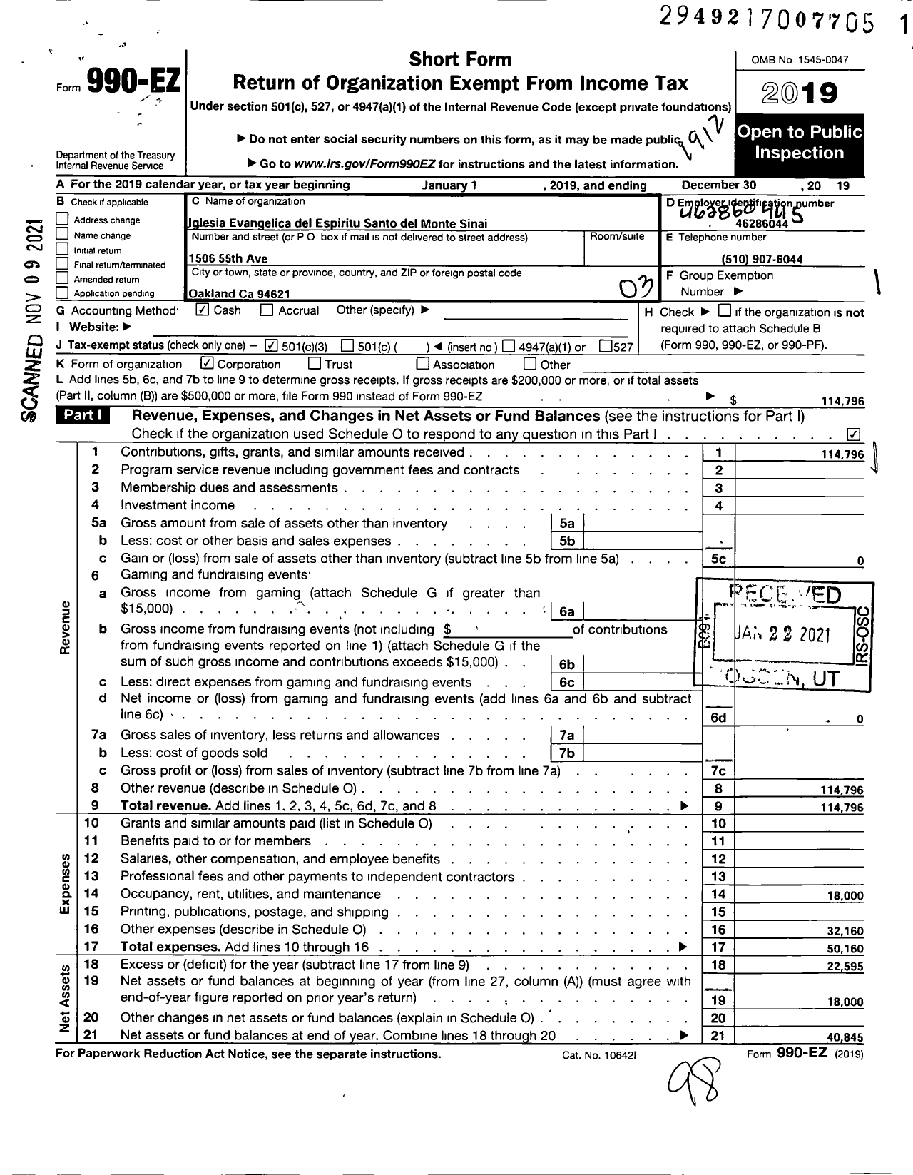 Image of first page of 2019 Form 990EZ for Iglesia Evangelica del Espiritu Santo