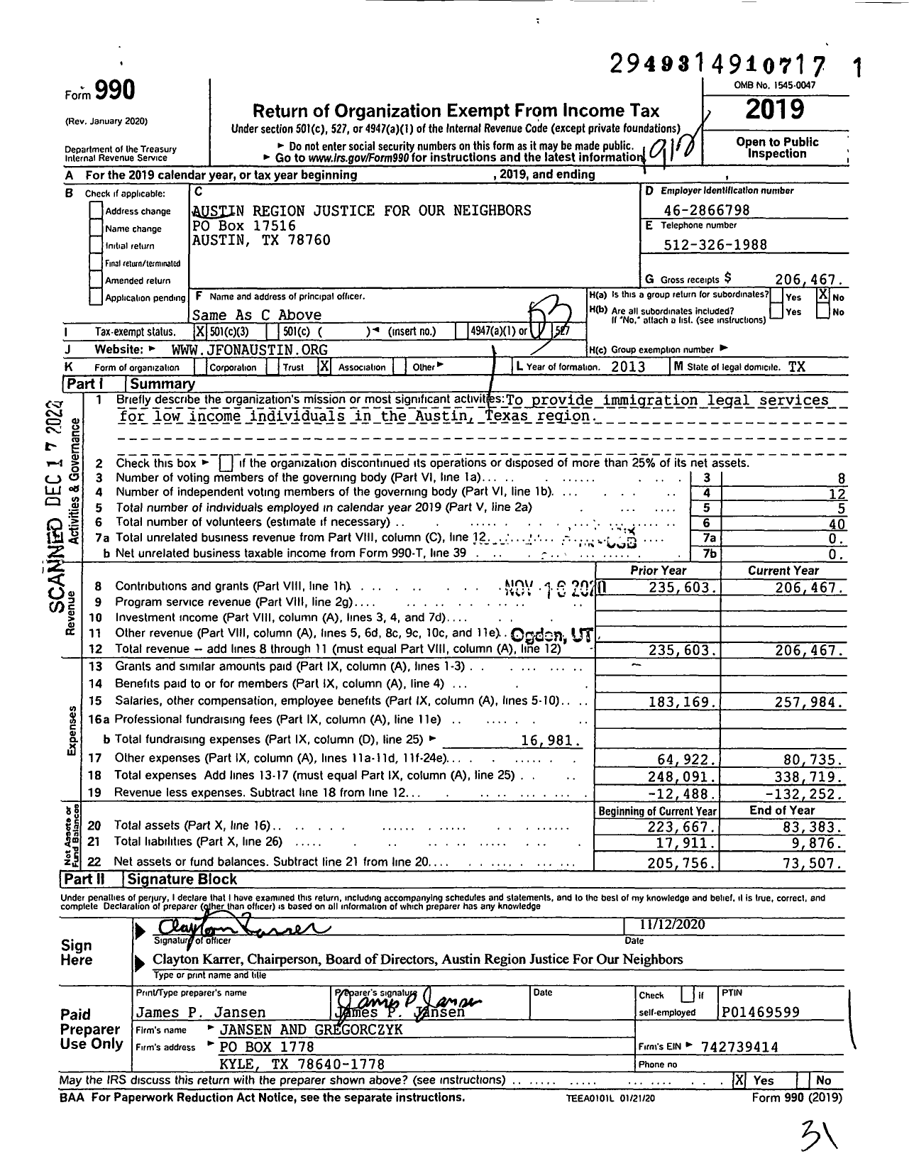 Image of first page of 2019 Form 990 for Austin Region JFON