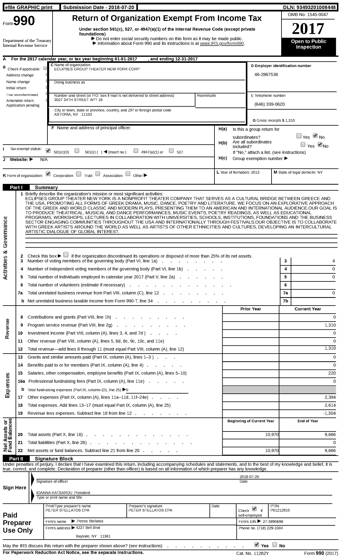 Image of first page of 2017 Form 990 for Eclipses Group Theater New York Corporation