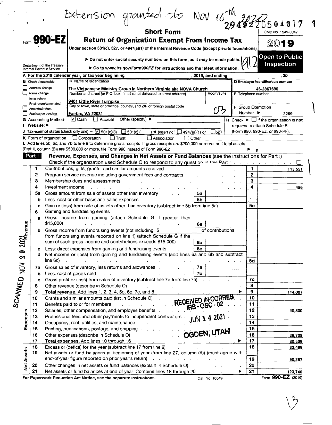 Image of first page of 2019 Form 990EZ for Vietnamese Ministry Group in Northern Virginia