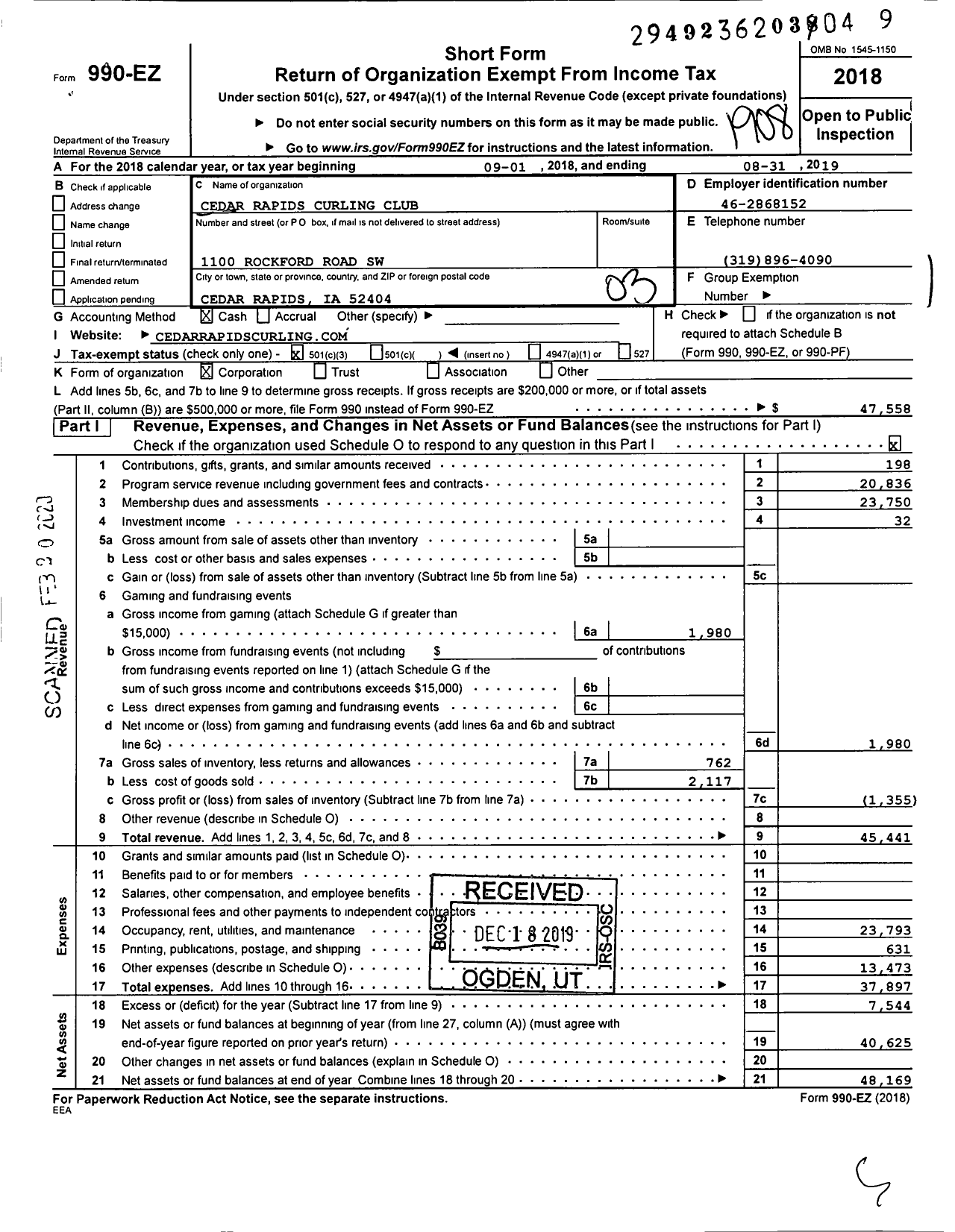 Image of first page of 2018 Form 990EZ for Cedar Rapids Curling Club