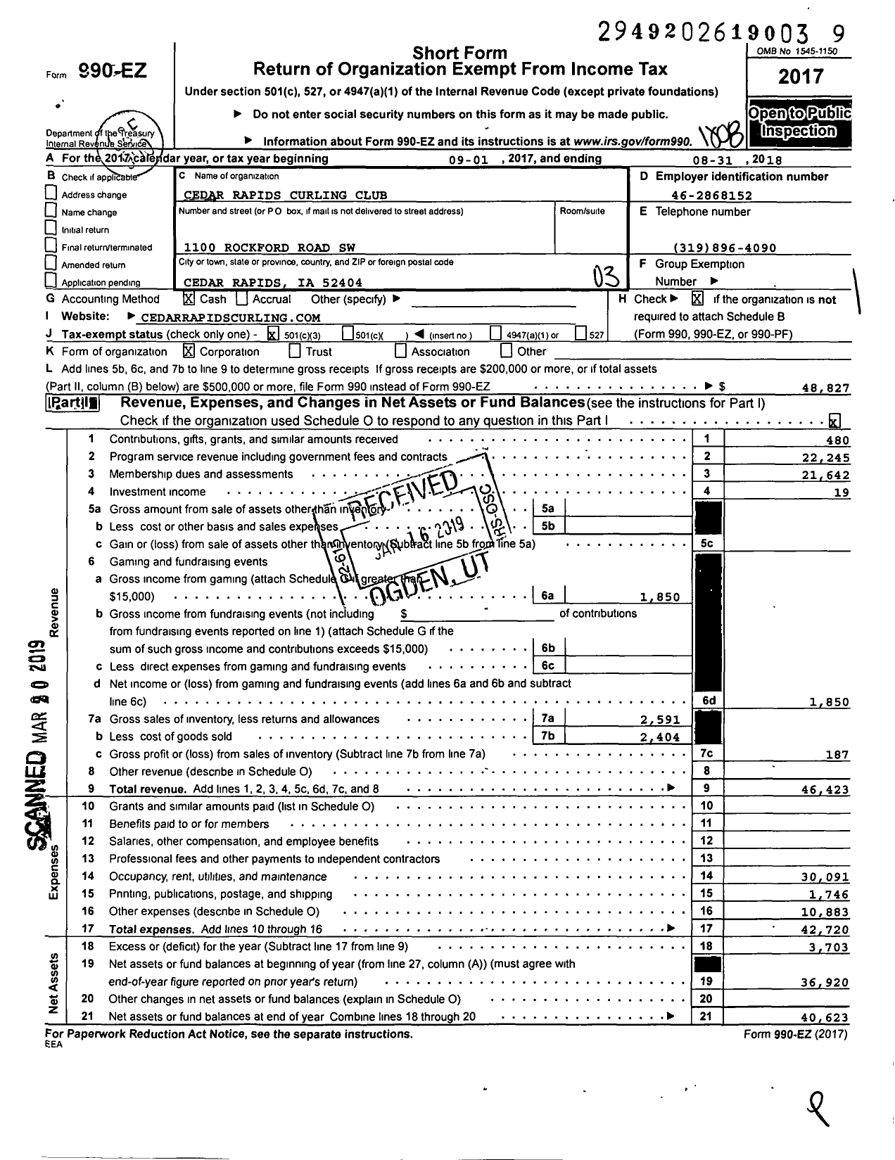 Image of first page of 2017 Form 990EZ for Cedar Rapids Curling Club