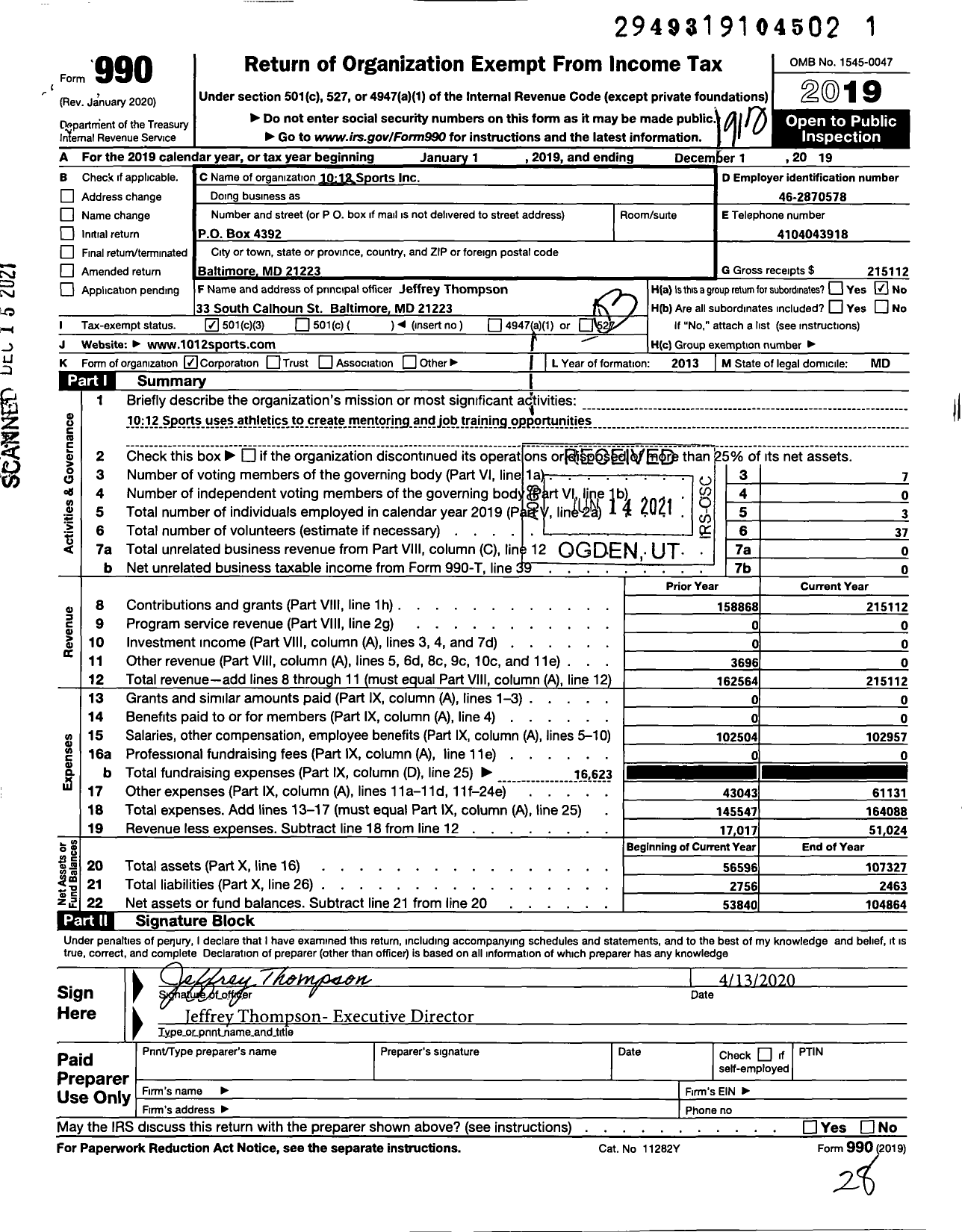 Image of first page of 2019 Form 990 for 1012 Sports