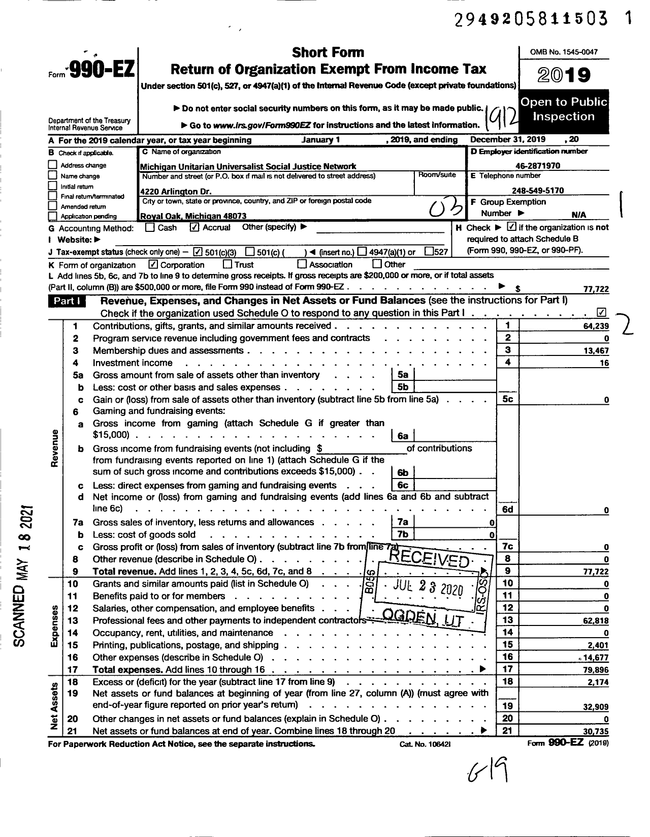 Image of first page of 2019 Form 990EZ for Michigan Unitarian Universalist Social Justice Network