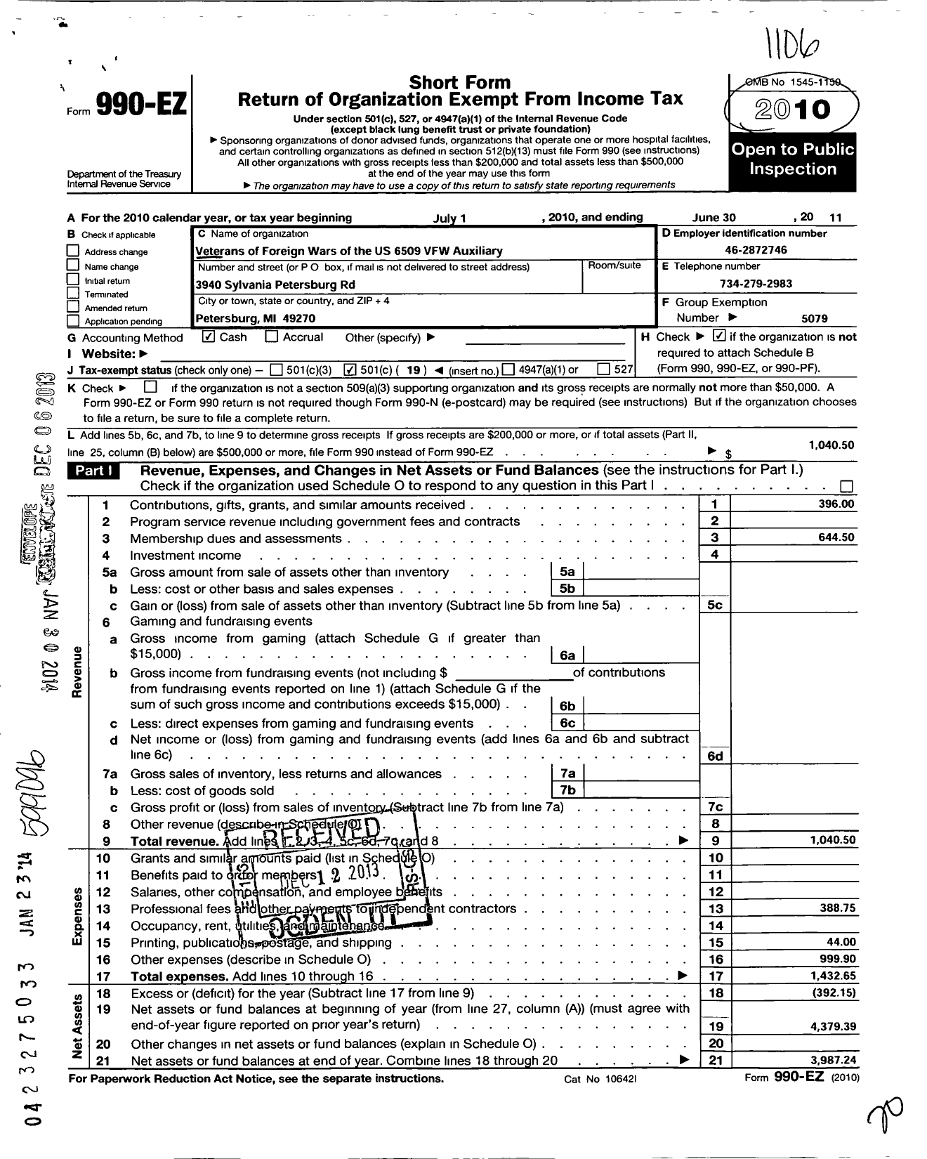 Image of first page of 2010 Form 990EO for Veterans of Foreign Wars of the Us Dept of Michigan Auxiliary - Summerfield Township Auxiliary 6509