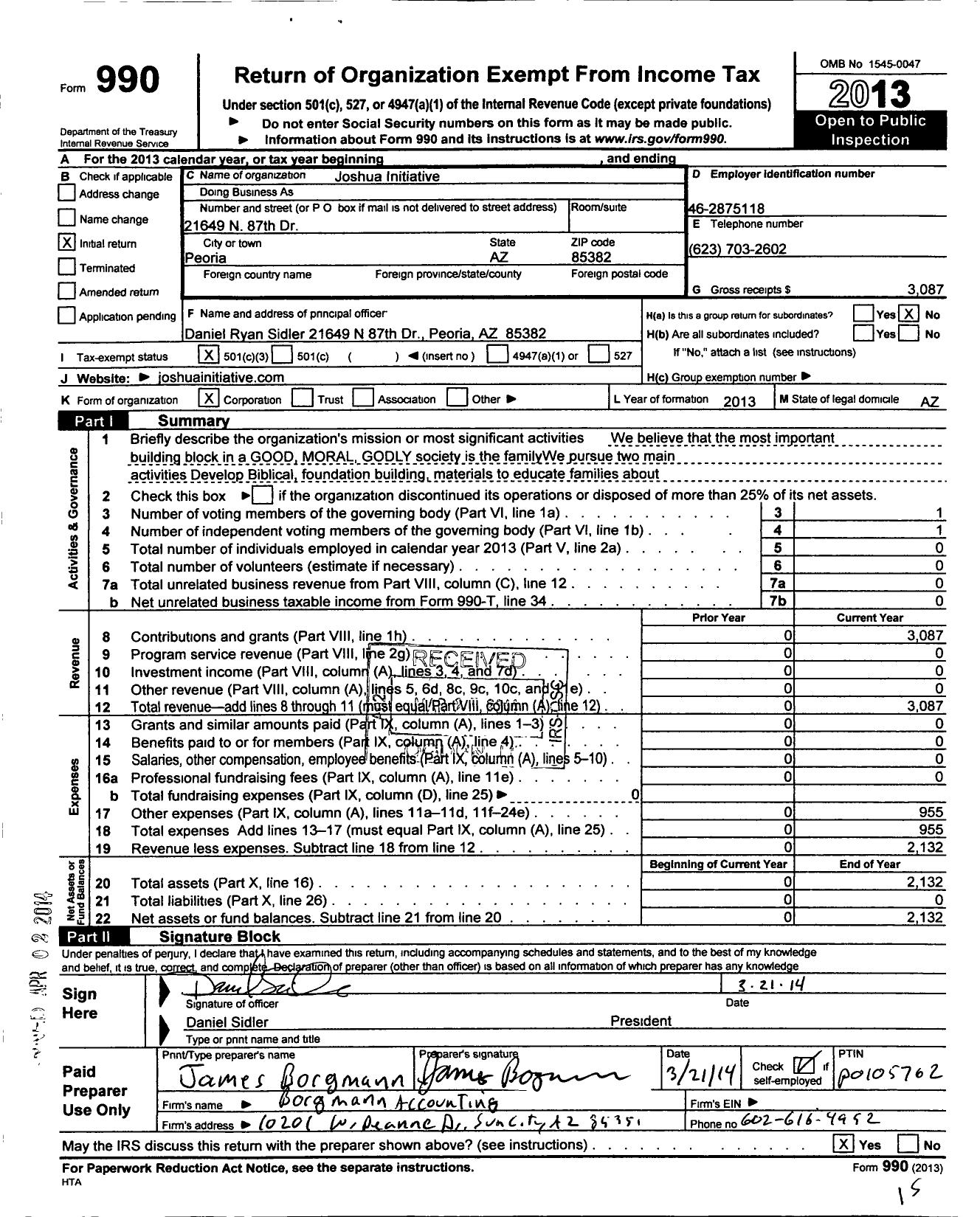 Image of first page of 2013 Form 990 for Joshua Initiative