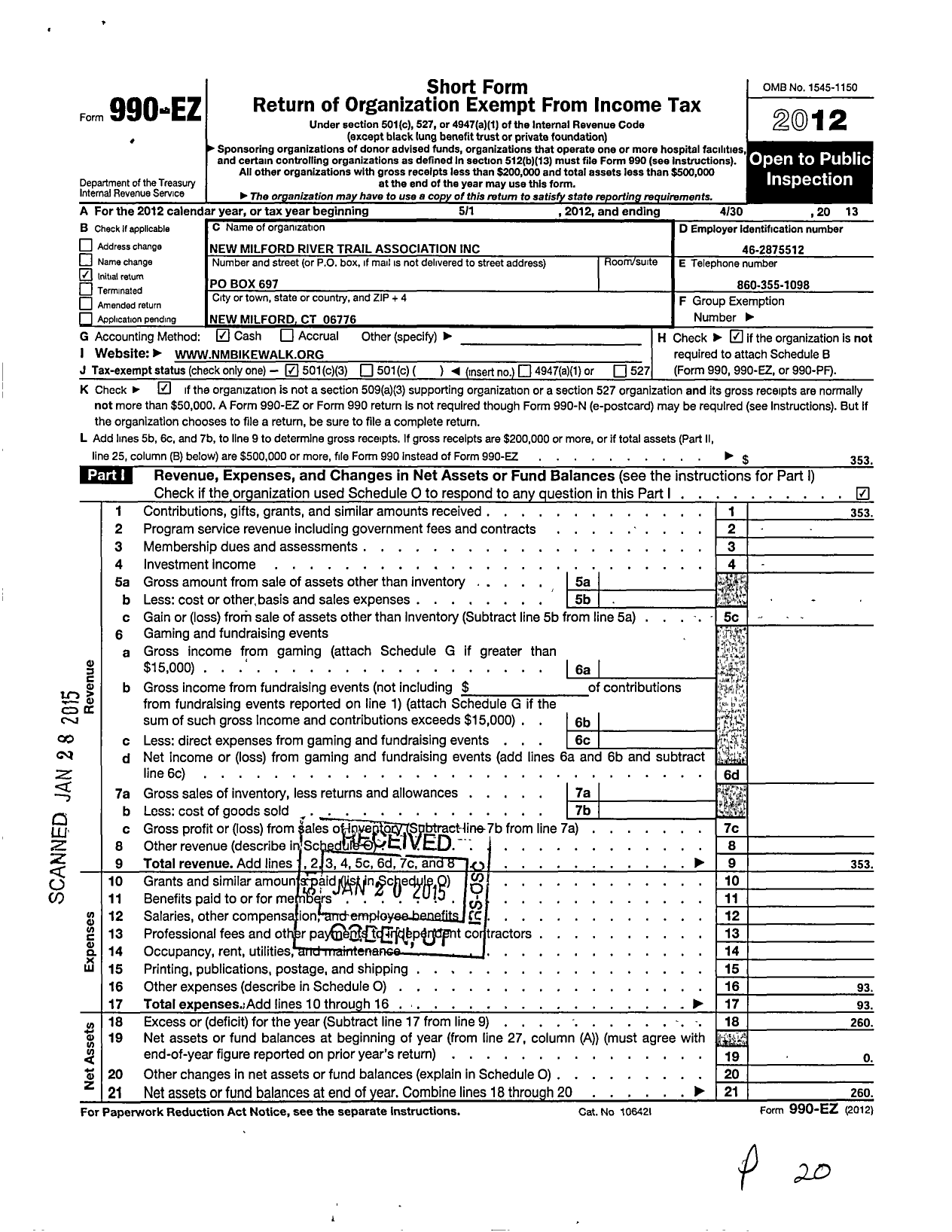 Image of first page of 2012 Form 990EZ for New Milford River Trail Association