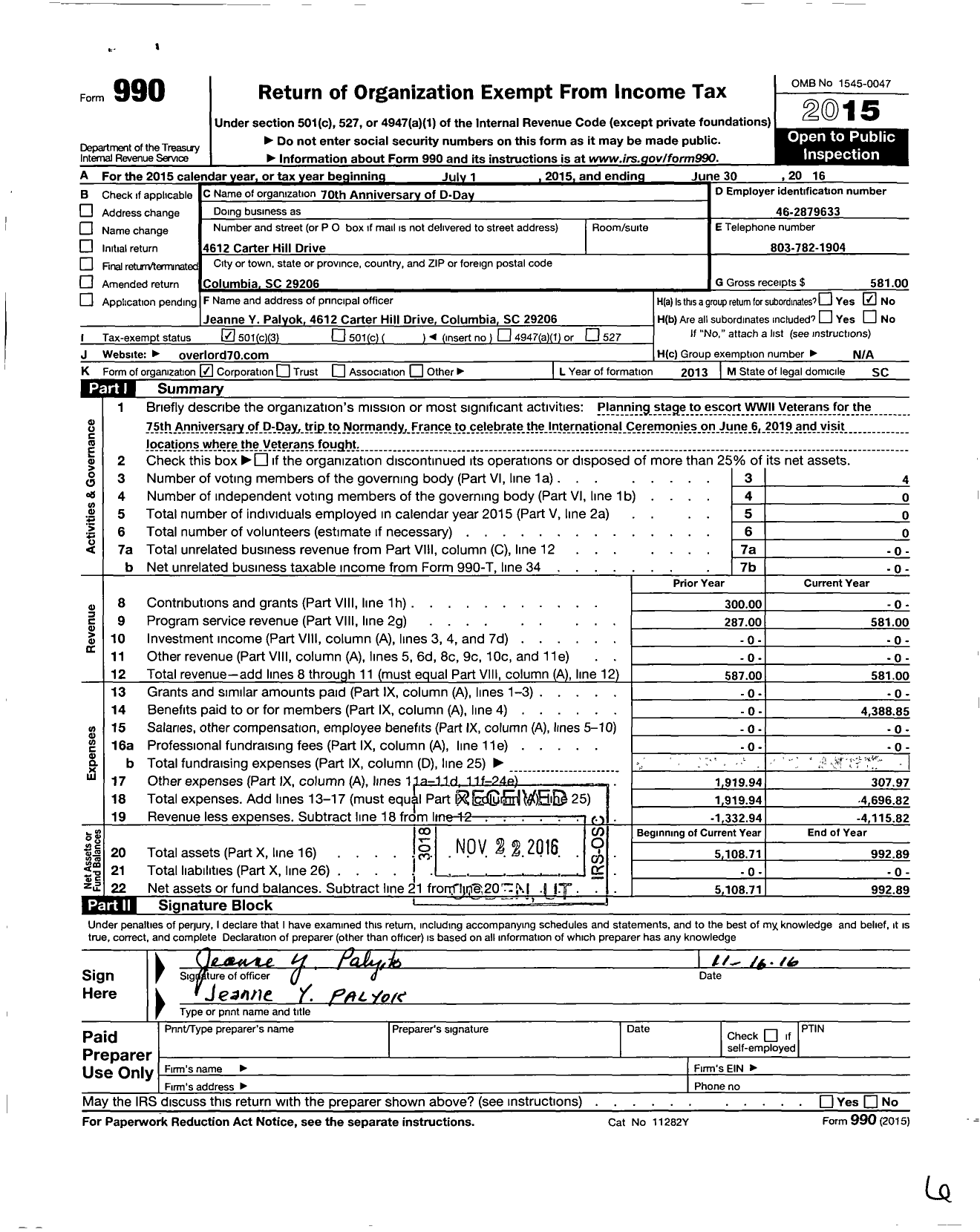 Image of first page of 2015 Form 990 for 70TH Anniversary of D-Day