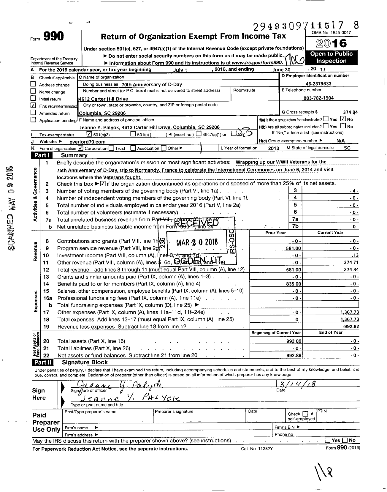 Image of first page of 2016 Form 990 for 70TH Anniversary of D-Day