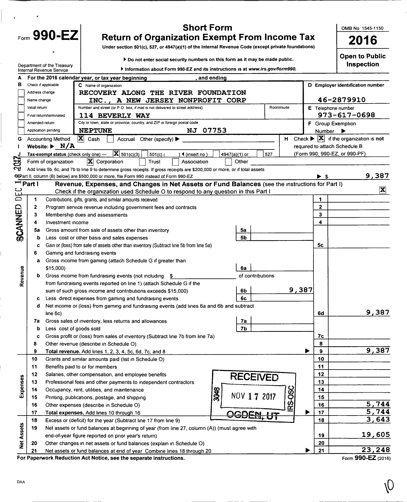 Image of first page of 2016 Form 990EZ for Recovery Along the River Foundation