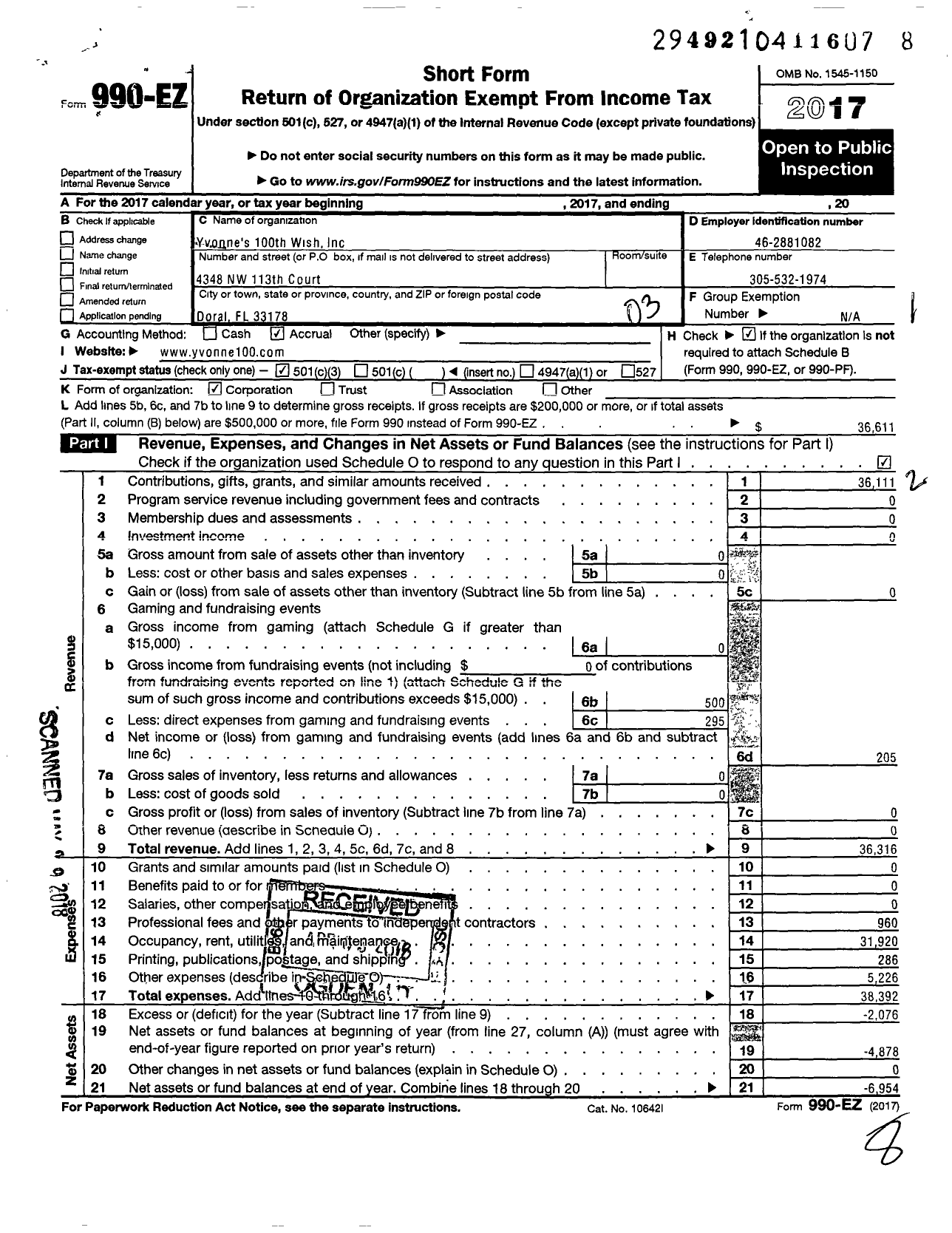 Image of first page of 2017 Form 990EZ for Yvonnes 100th Wish