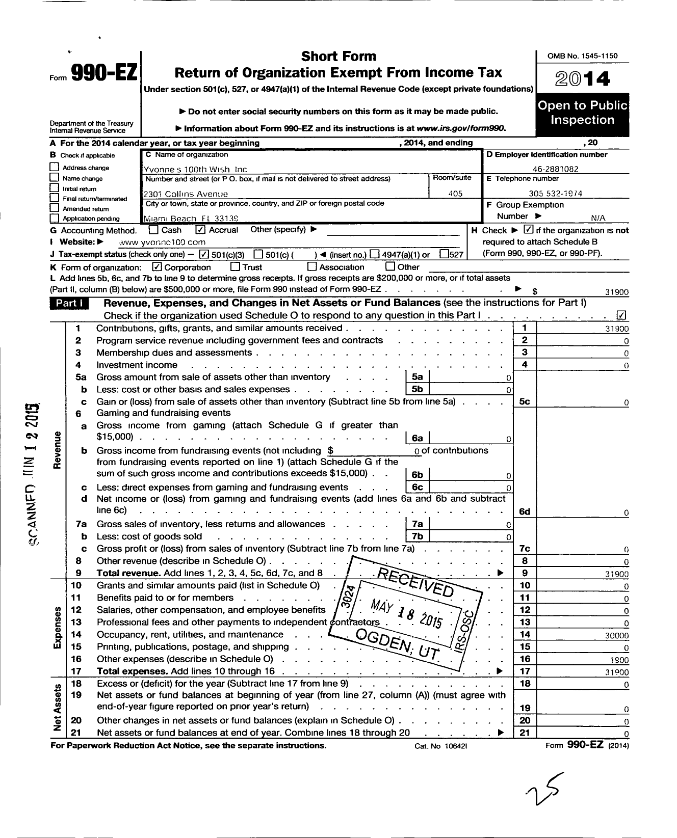 Image of first page of 2014 Form 990EZ for Yvonnes 100th Wish