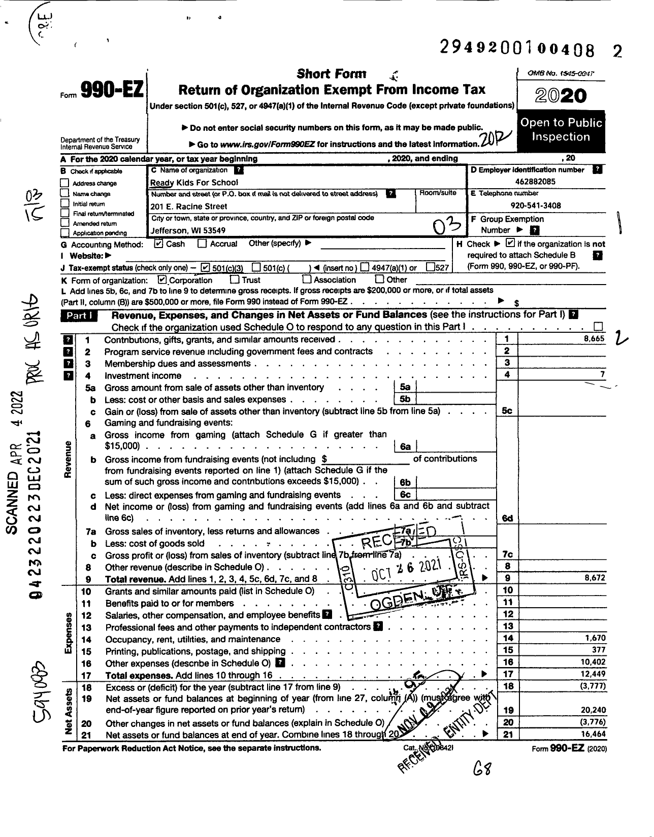 Image of first page of 2020 Form 990EZ for Ready Kids for School (RKFS)