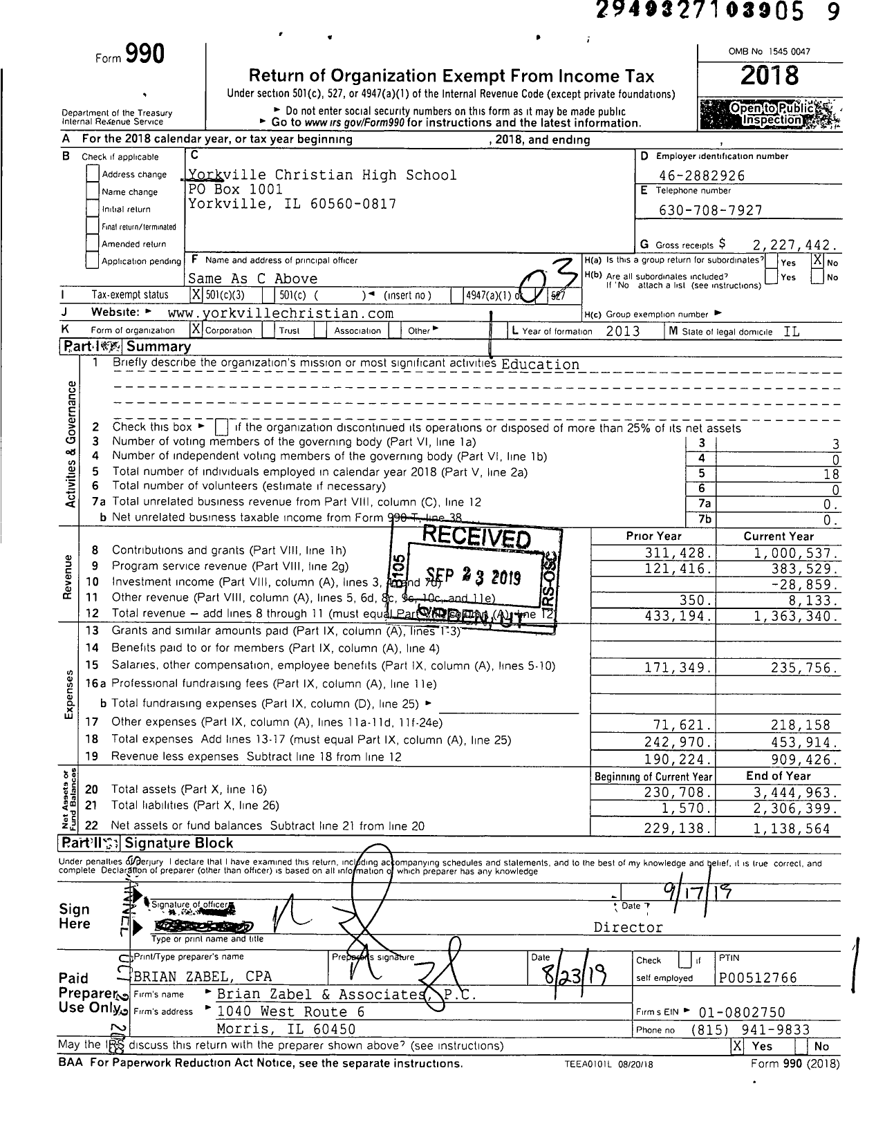 Image of first page of 2018 Form 990 for Yorkville Christian High School