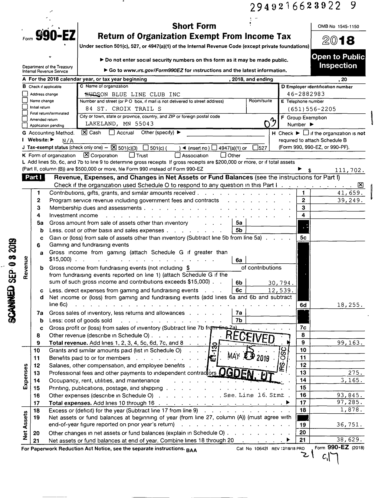 Image of first page of 2018 Form 990EZ for Hudson Blue Line Club