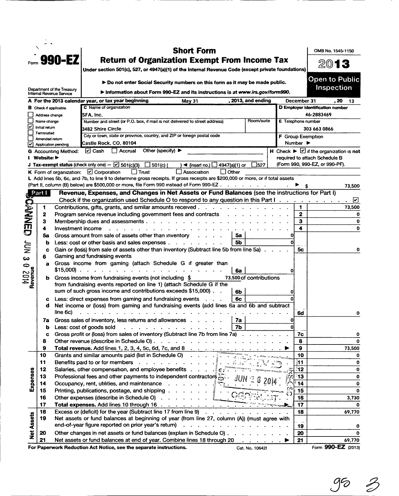 Image of first page of 2013 Form 990EZ for Sfa