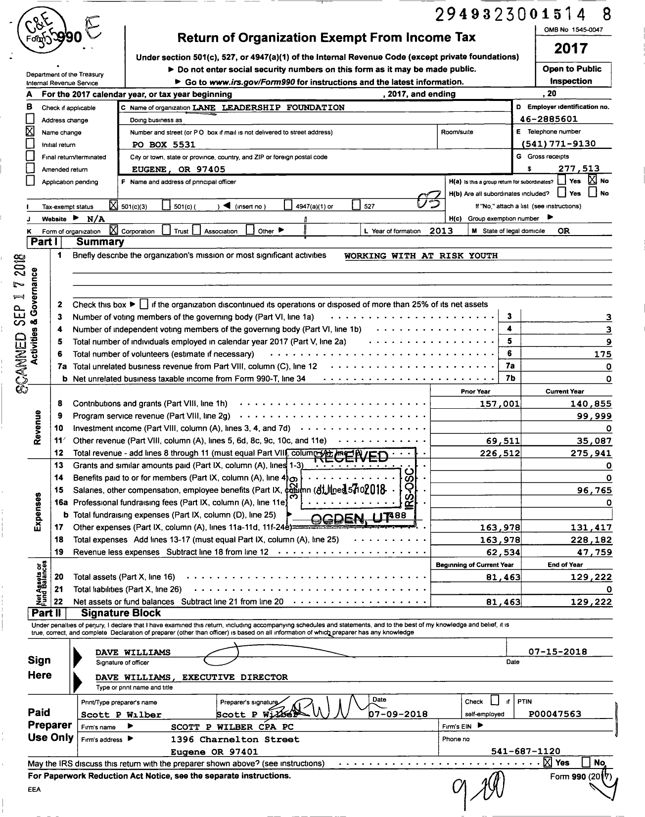 Image of first page of 2017 Form 990 for Lane Leadership Foundation