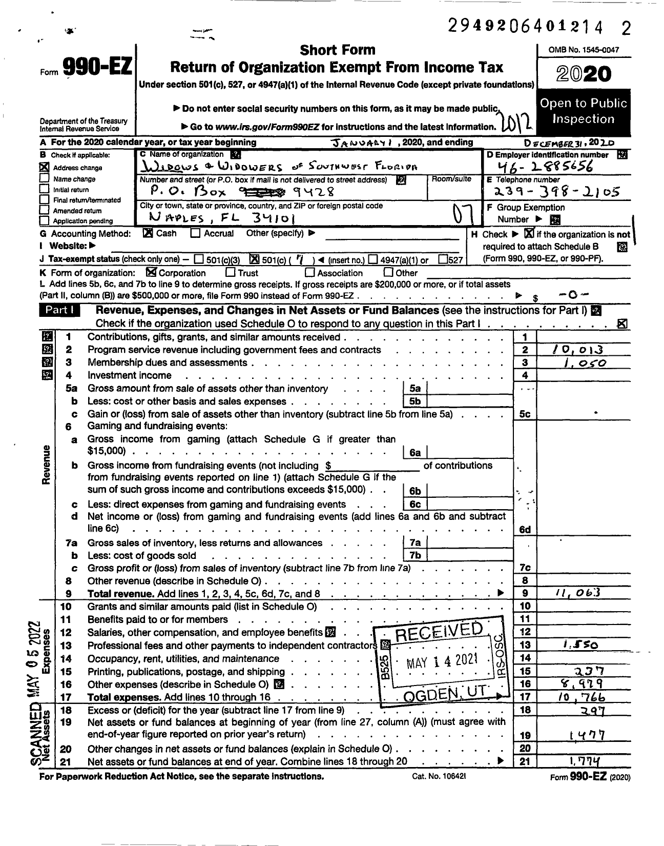 Image of first page of 2020 Form 990EO for Widows and Widowers of Southwest Florida