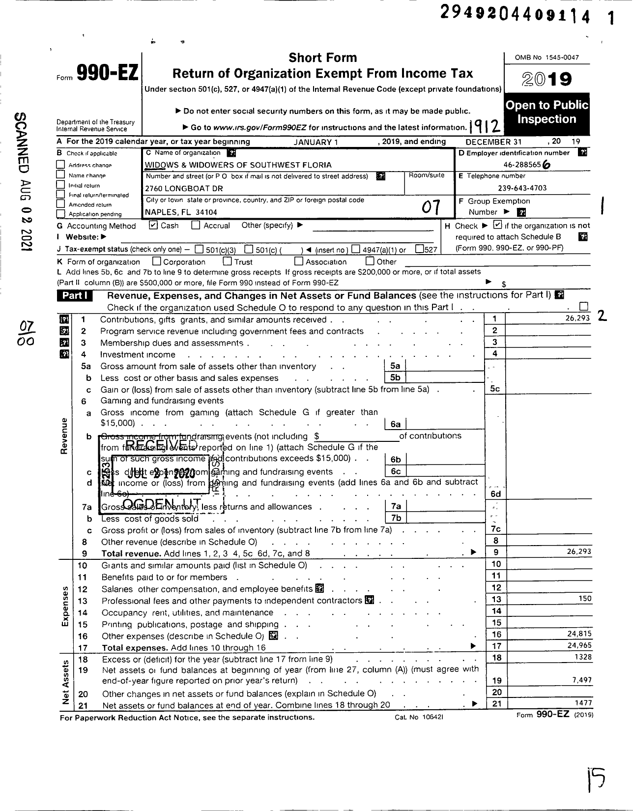 Image of first page of 2019 Form 990EO for Widows and Widowers of Southwest Florida