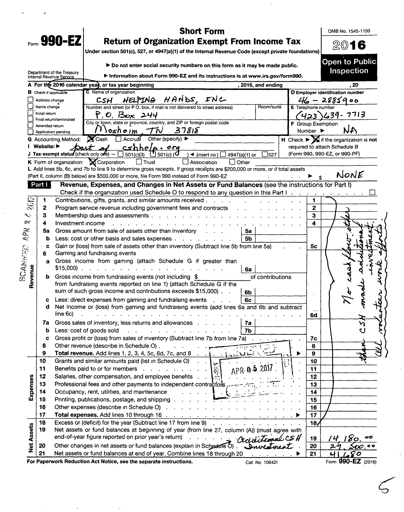 Image of first page of 2016 Form 990EO for CSH Helping Hands