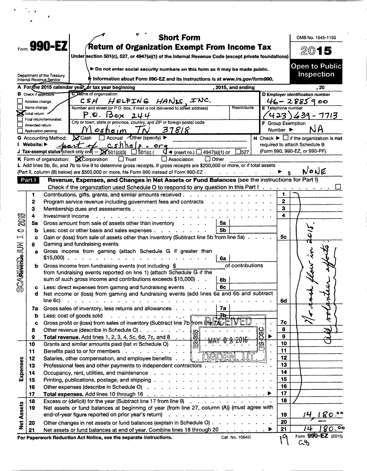 Image of first page of 2015 Form 990EZ for CSH Helping Hands