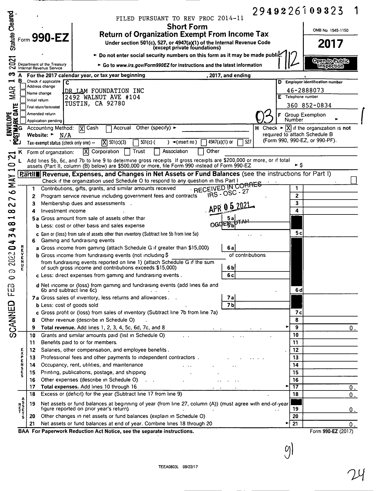 Image of first page of 2017 Form 990EZ for Dr Lam Foundation