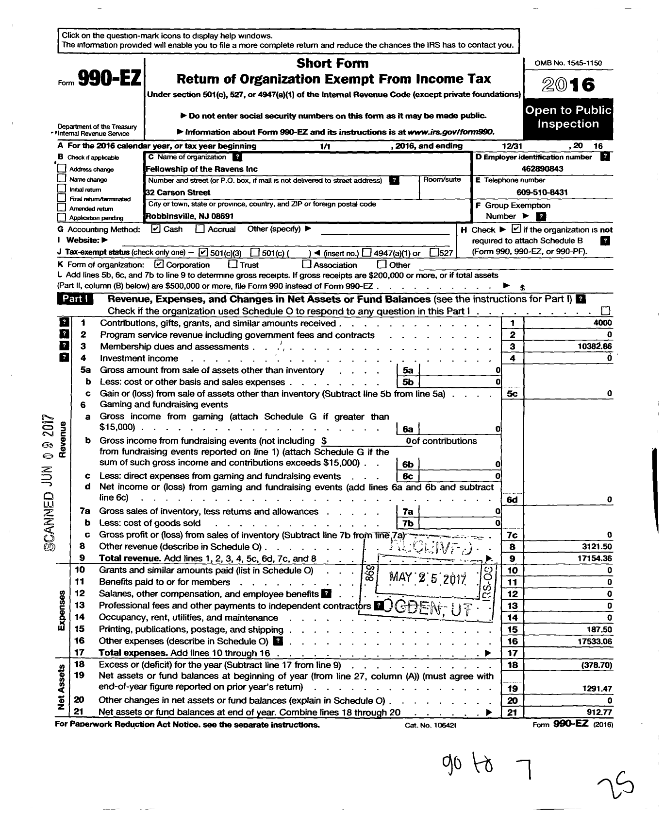 Image of first page of 2016 Form 990EZ for Fellowship of the Ravens