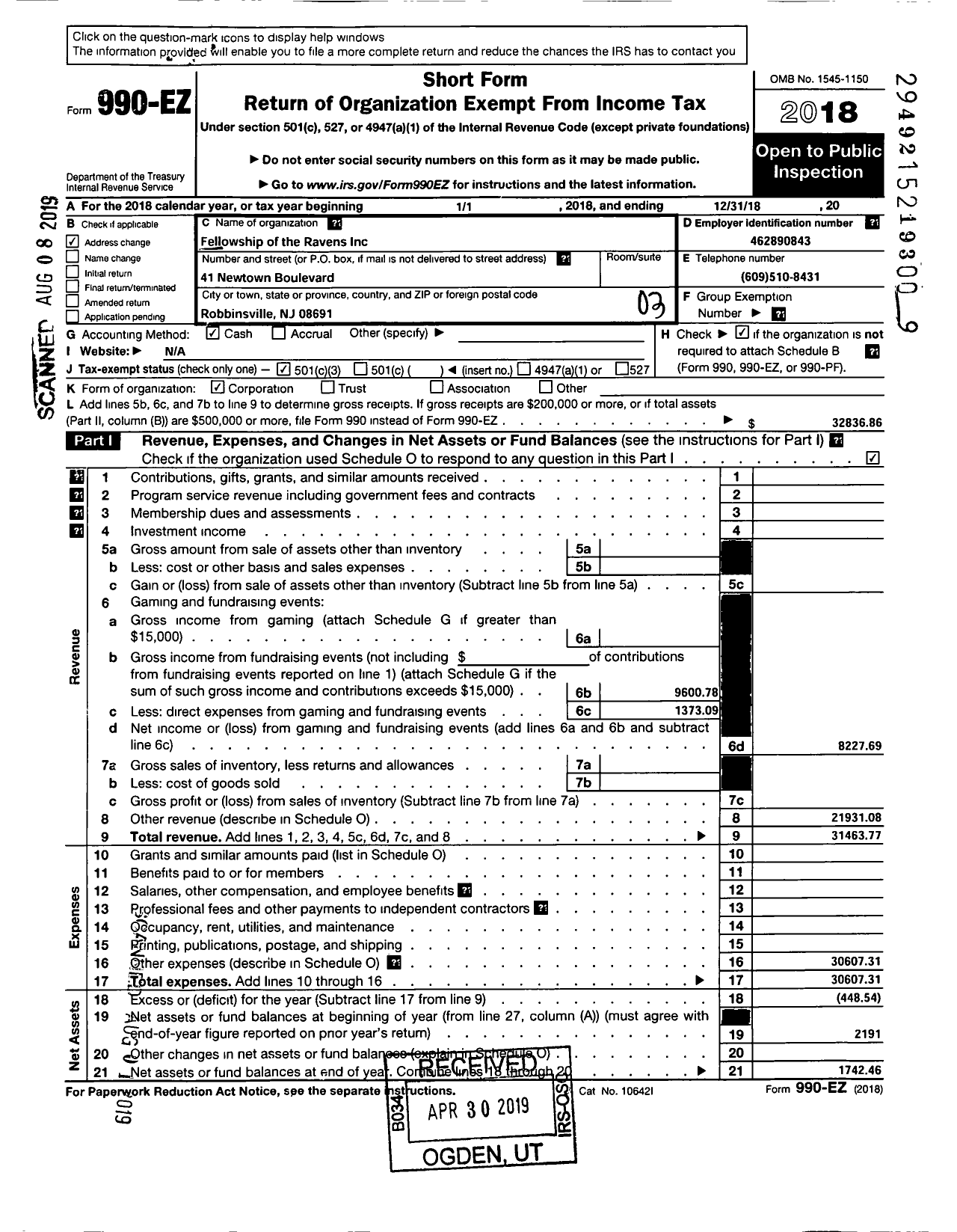 Image of first page of 2018 Form 990EZ for Fellowship of the Ravens