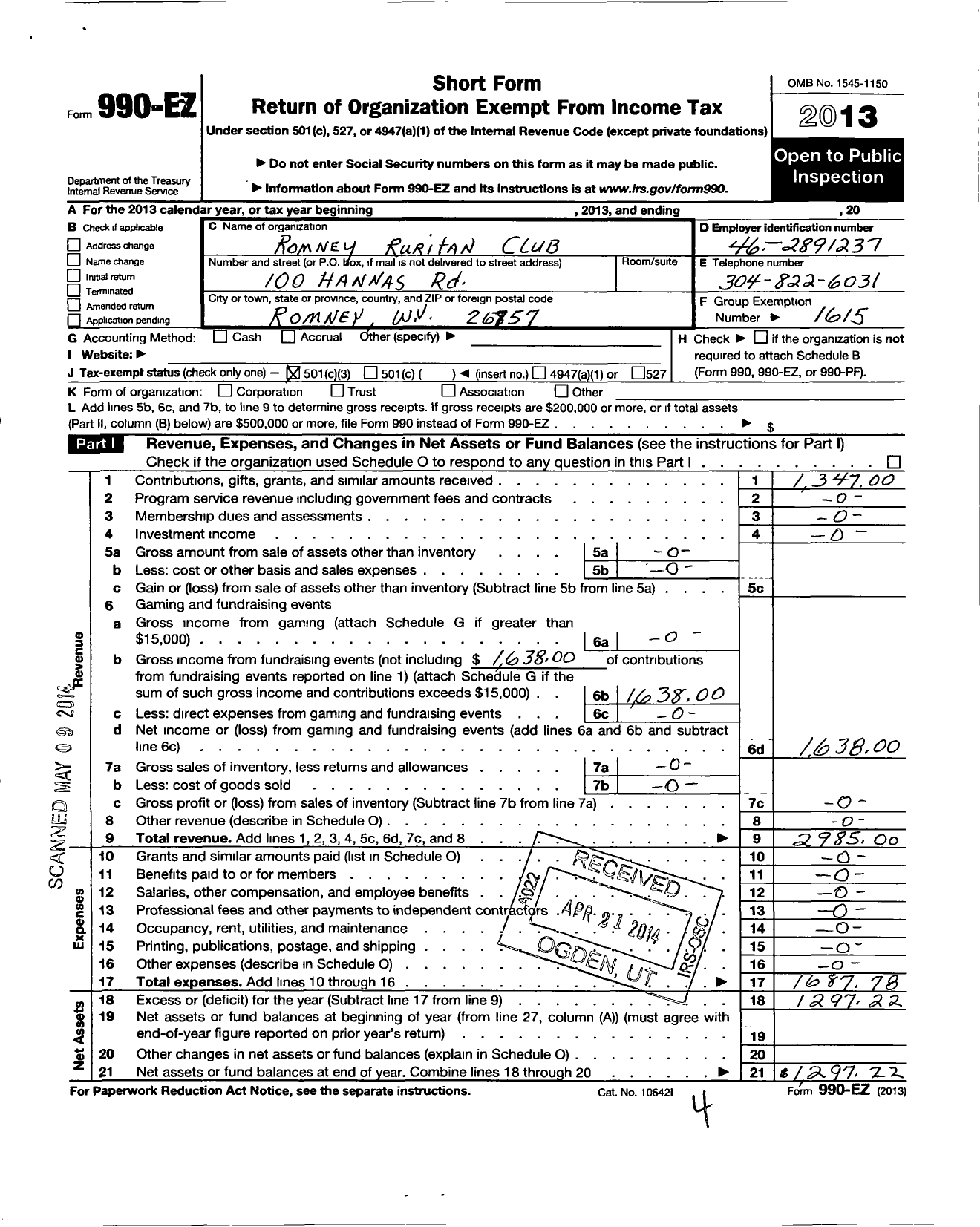Image of first page of 2013 Form 990EZ for Ruritan - Romney Ruritan Club